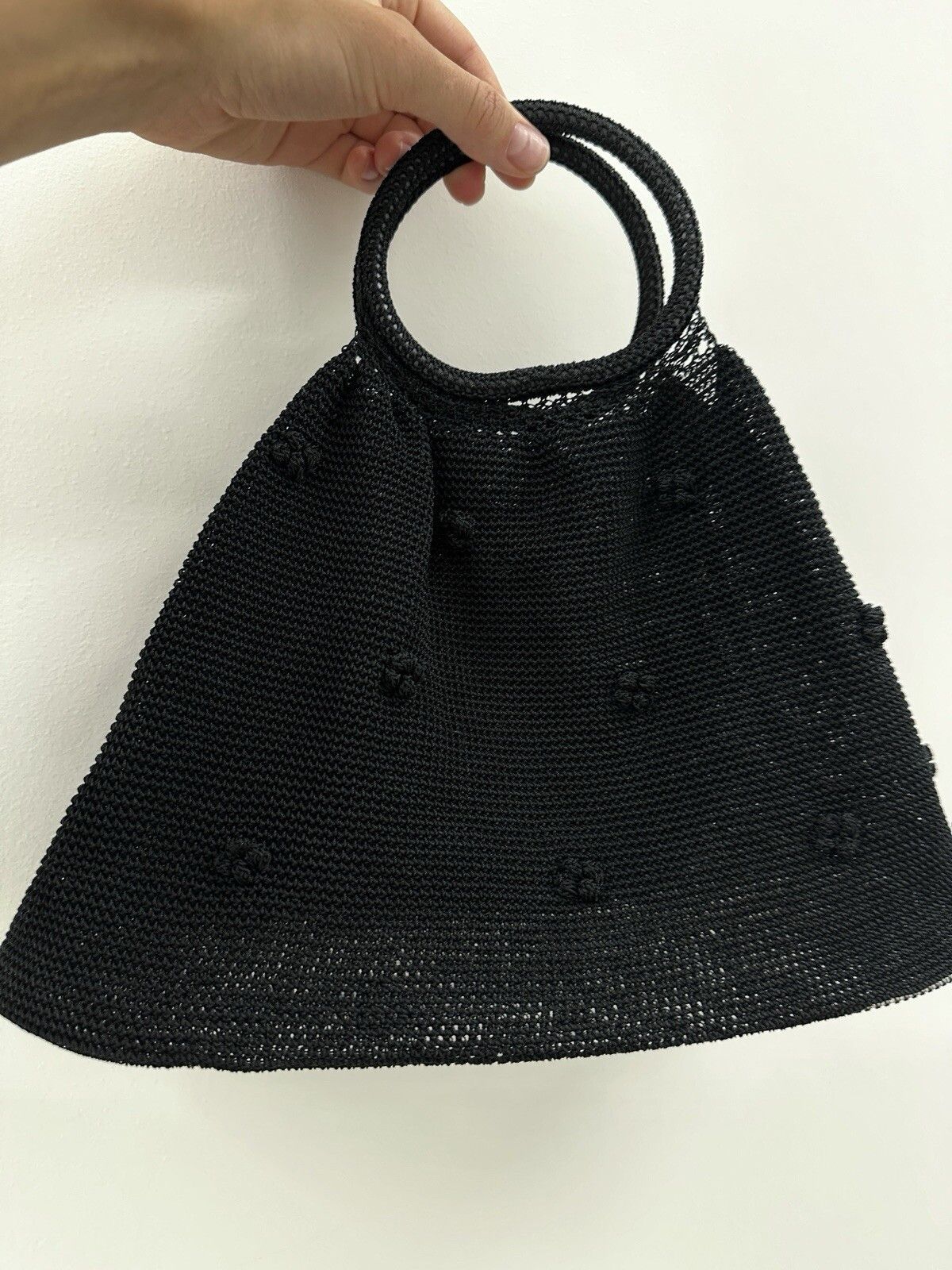Handmade Hand Made Knit Hand Bag Black Crochet Flowers Size ONE SIZE - 6 Thumbnail