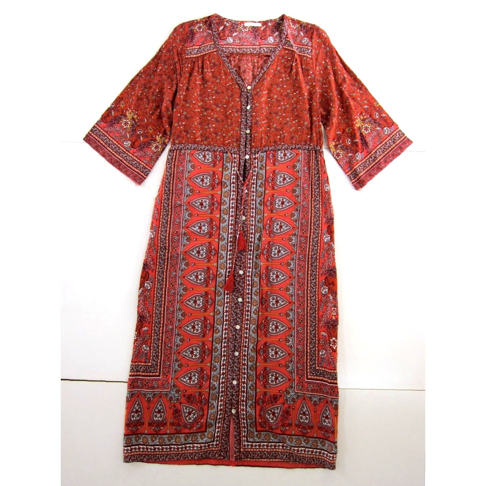 Vintage So Perla Maxi Dress Floral Red Blue Yellow Paisley Pockets Long Sun Dress M Womens Regular Red Floral 2010s Size M / US 6-8 / IT 42-44 - 2 Thumbnail