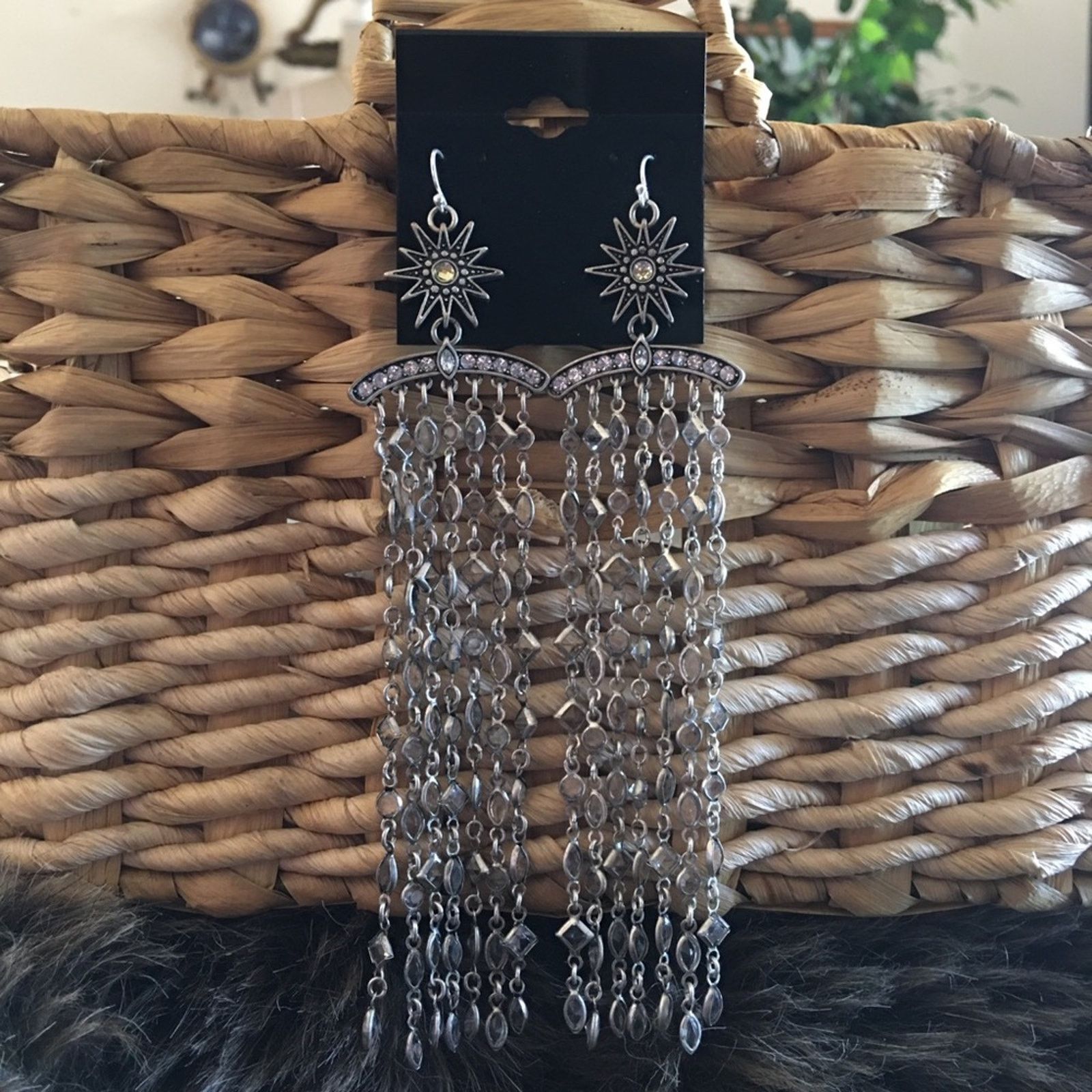 Jewelry Long Crystal Fringe Rhinestone Star Earrings in Silver, Women's