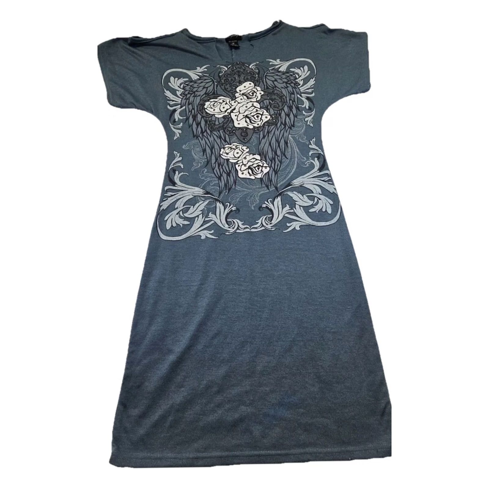Vintage VINTAGE Y2K Blue Graphic T Shirt Dress Angel Wings Roses Grunge Gothic Women’s Medium Size M / US 6-8 / IT 42-44 - 3 Thumbnail