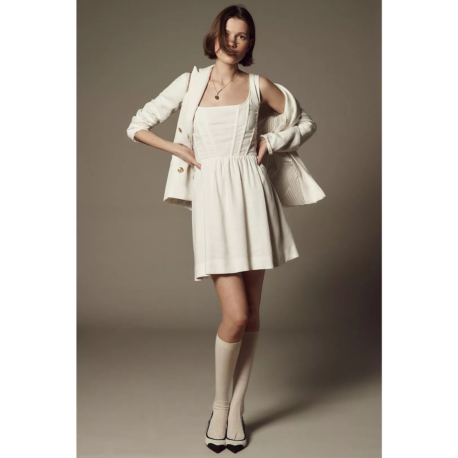 Anthropologie NWT Aureta Fit & Flare Corset Mini Dress $198 MEDIUM White Size M / US 6-8 / IT 42-44 - 4 Thumbnail