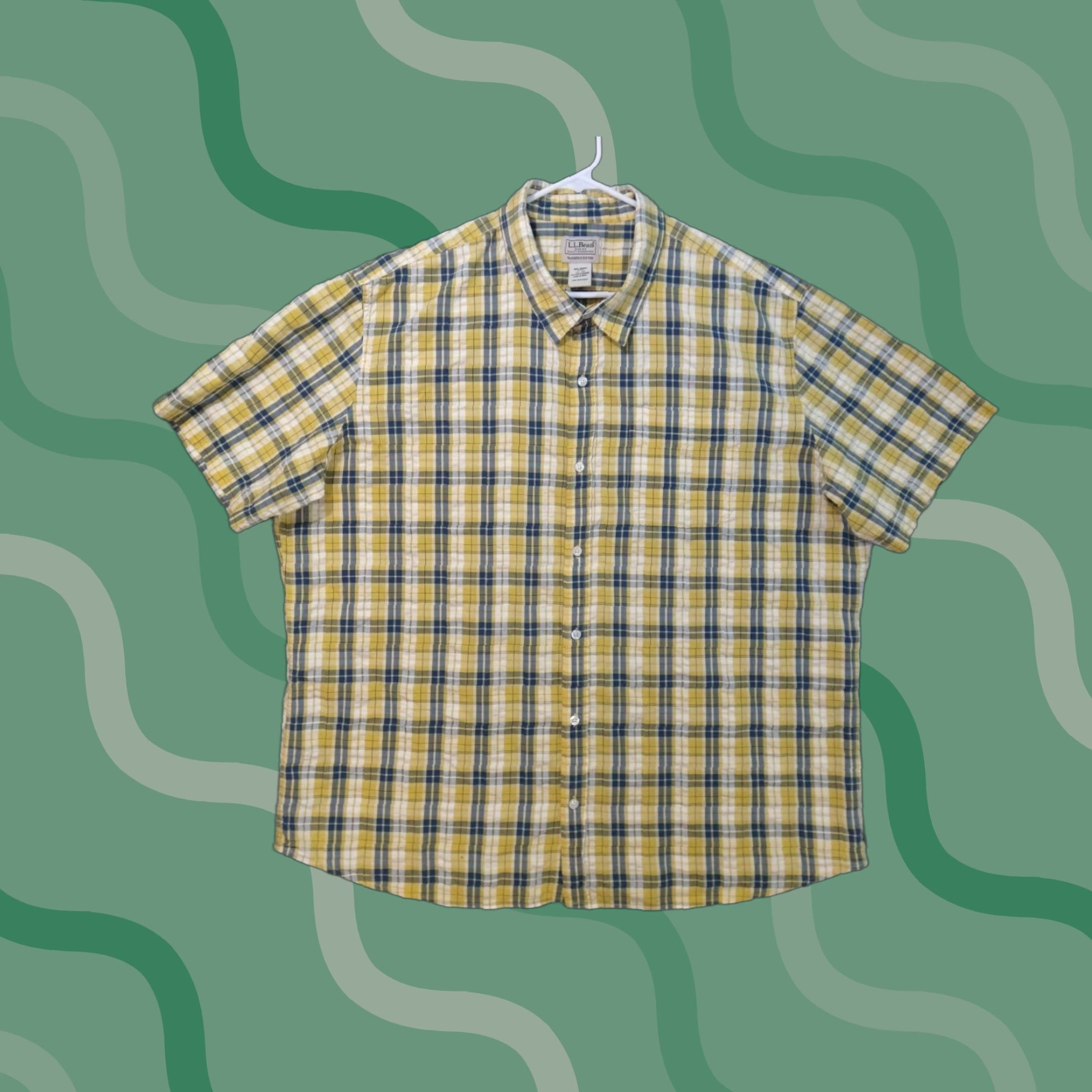 Vintage L.L. Bean Shirt Mens 2XL Yellow Seersucker Organic Cotton Plaid Slightly Fitted Size US XXL / EU 58 / 5 - 1 Thumbnail
