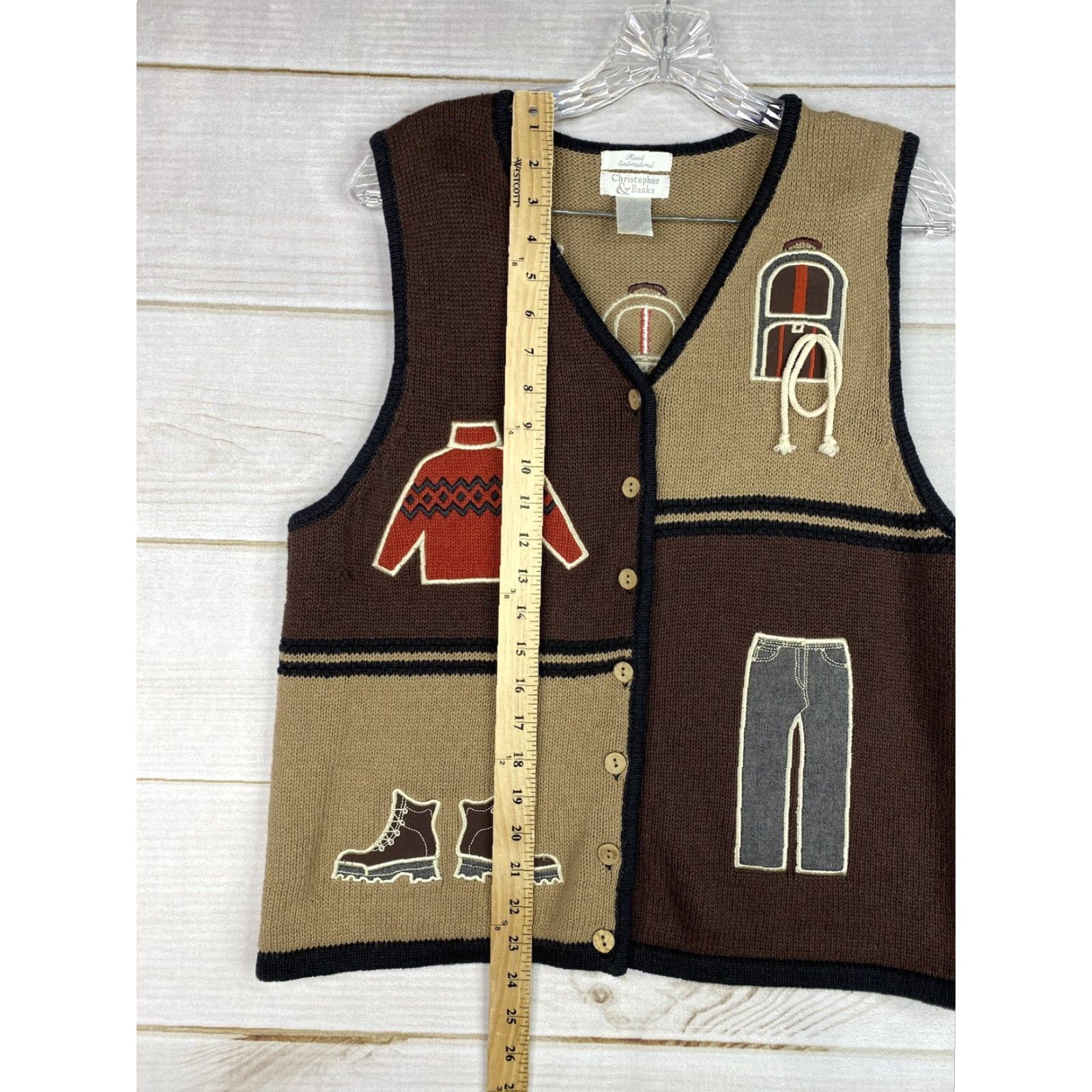 Vintage Christopher & Banks Vest Womens M Brown Embroidered Geometric Kitten Kitty Halloween Sleeveless V-Neck Casual Slim Breathable Regular Size M / US 6-8 / IT 42-44 - 5 Thumbnail