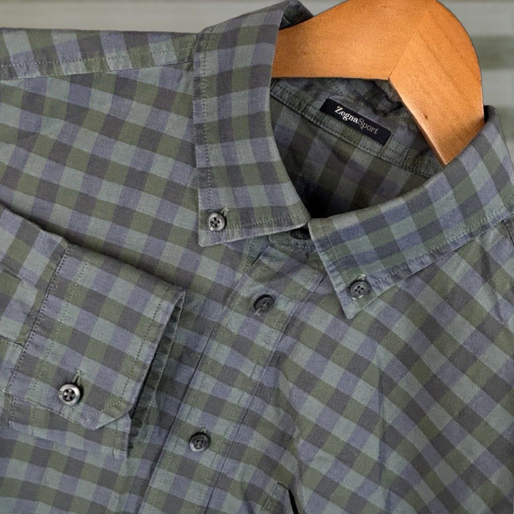 Ermenegildo Zegna Ermenegildo Zegna Sport Button-Down Shirt Mens L Green Blue Check Cotton Size US L / EU 52-54 / 3 - 1 Thumbnail