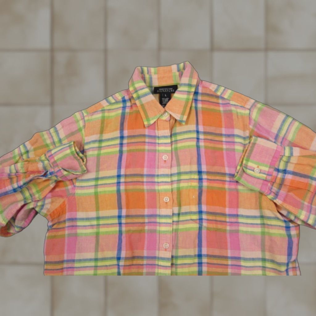 Jones New York Jones New York Shirt Womens L Pink Plaid 100% Linen Casual Classic 90s City Womens Size L / US 10 / IT 46 - 1 Thumbnail