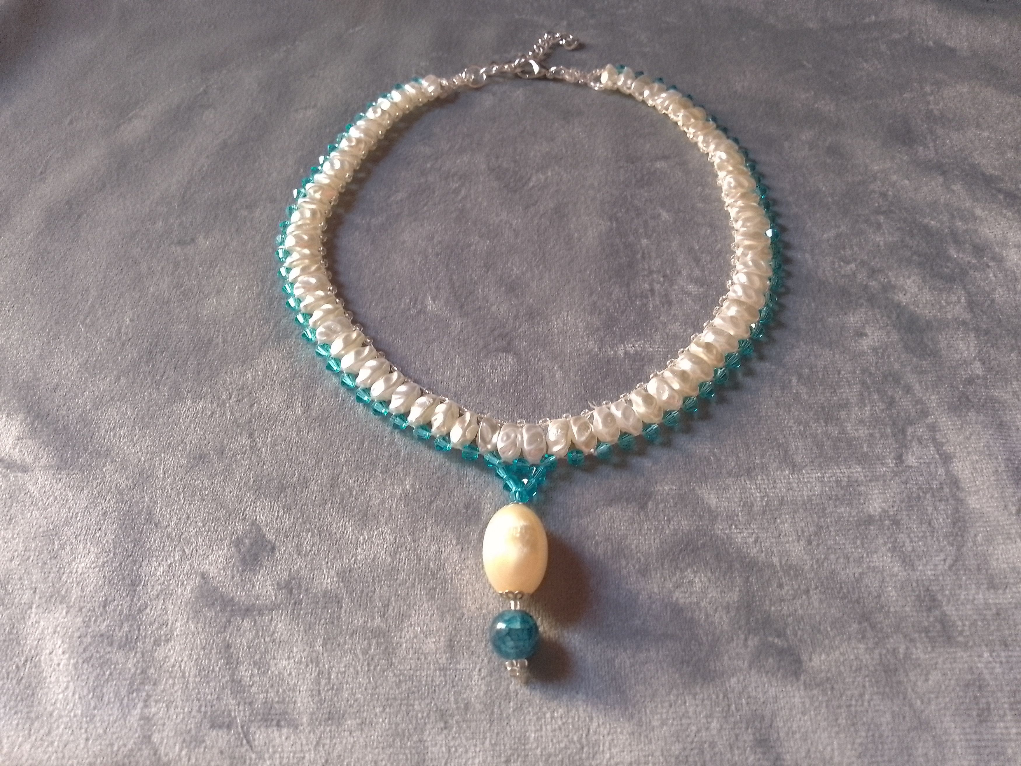 Handmade Elegant necklace Faux River Ivory Pearls Blue Crystals Size ONE SIZE - 2 Thumbnail