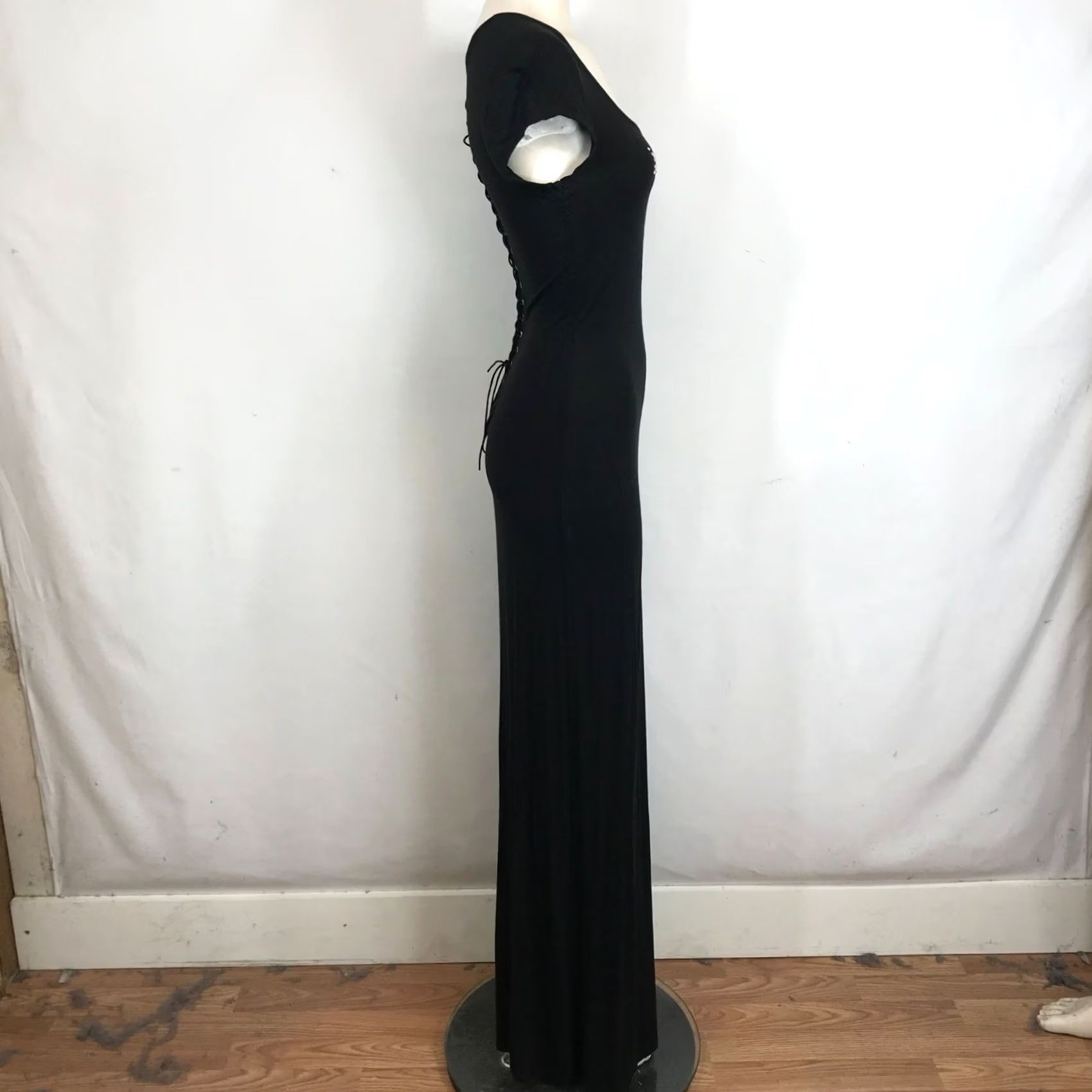 Bebe VINTAGE BEBE Women's XS BLACK Short Sleeve Bling Lace Up Maxi Dress Size 26" / US 2 / IT 38 - 4 Thumbnail