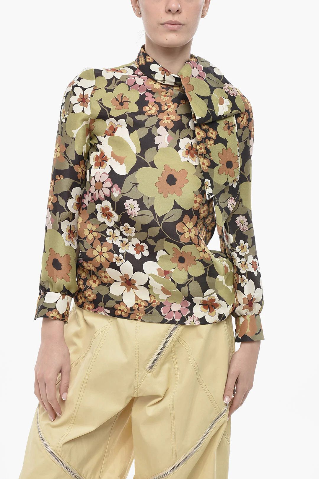 Celine og1mm0326 Silk-Organza Tie-Neck Blouse in Green Size XS / US 0-2 / IT 36-38 - 1 Thumbnail