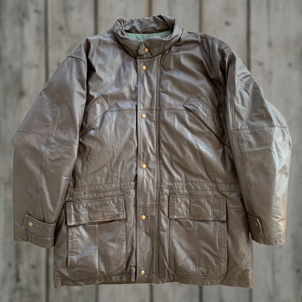 Vintage Eddie Bauer Jacket Leather Brown Long Goose Down Mens 2XL Tall Motorcycle Riding, Men's (Size Xxl)