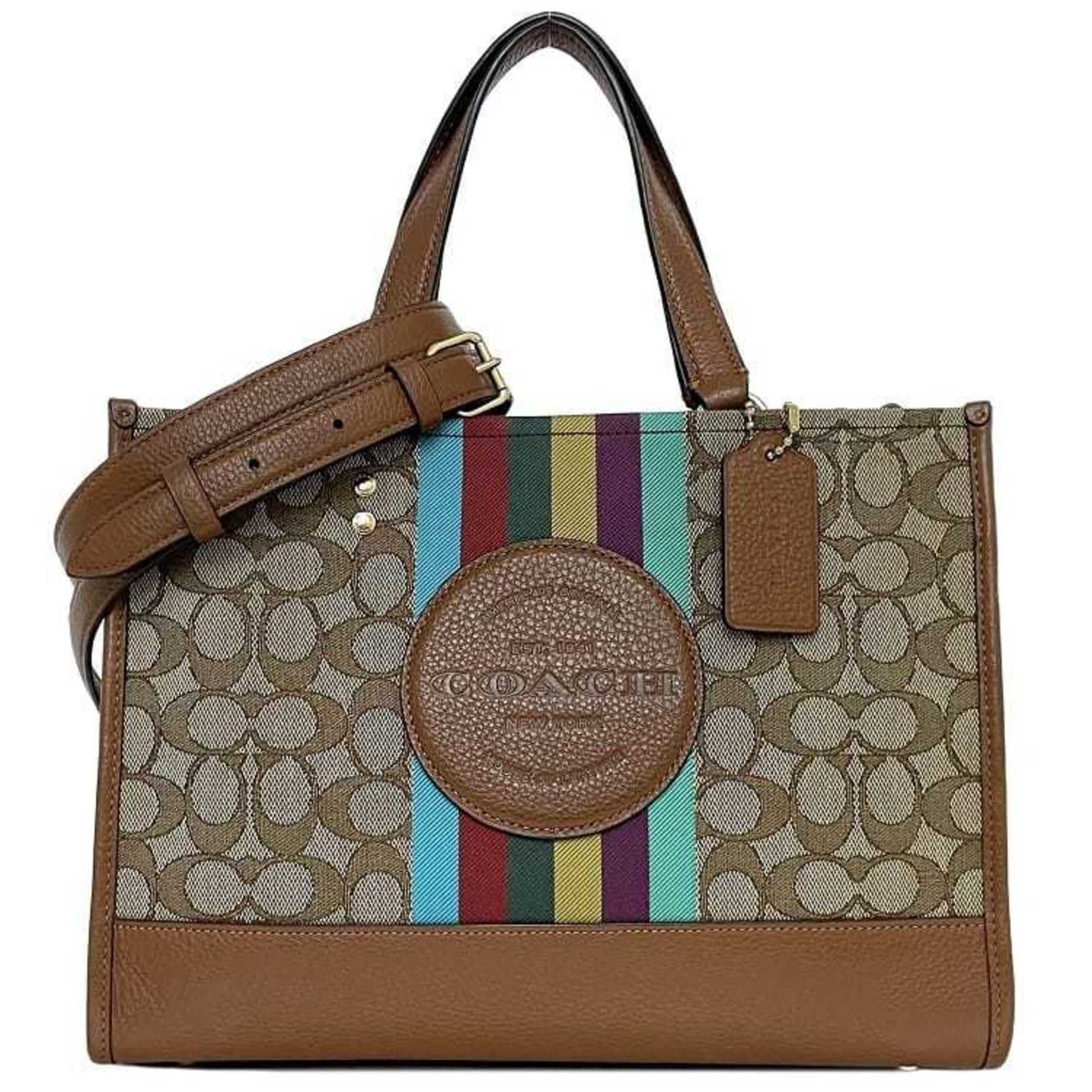 image of Coach 2Way Bag Dempsey 30 Brown Beige Signature C5794 F-19885 Carryall Canvas Leather Coach Handbag