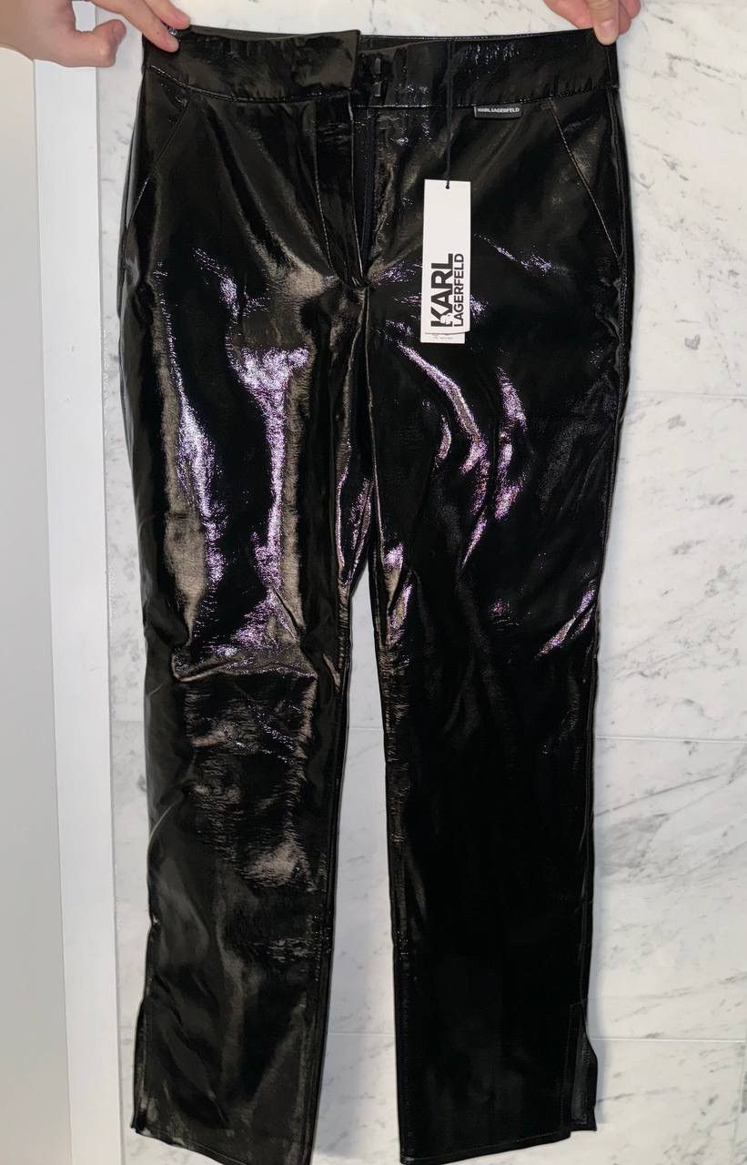image of Karl Lagerfeld Faux-Leather Patent-Finish Trousers in Black, Women's (Size 27)