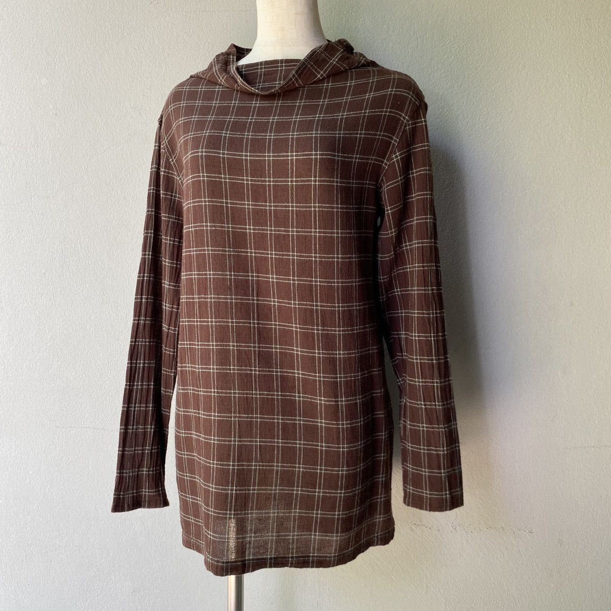 Issey Miyake Plantation Brown Plaid Long Sleeve Hoodie Top Size M / US 6-8 / IT 42-44 - 5 Thumbnail