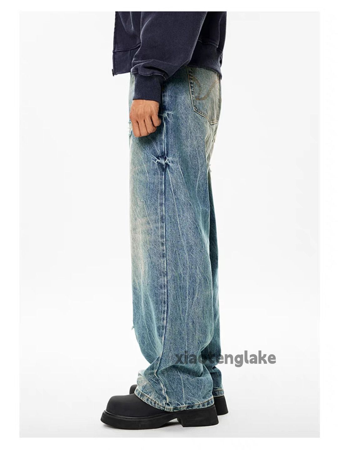 Jean Washed faded loose baggy ripped damaged punk jeans Size US 32 / EU 48 - 2 Thumbnail