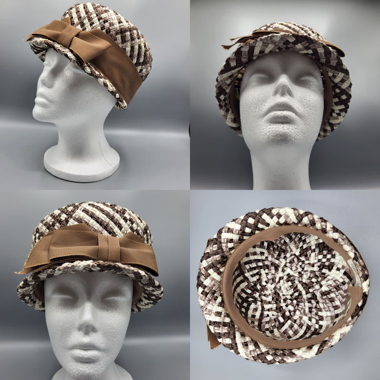 Vintage VINTAGE Union Made USA 1950s Womens Cloche Hat Raffia Straw Brown Ribbon Bow Size ONE SIZE - 9 Thumbnail