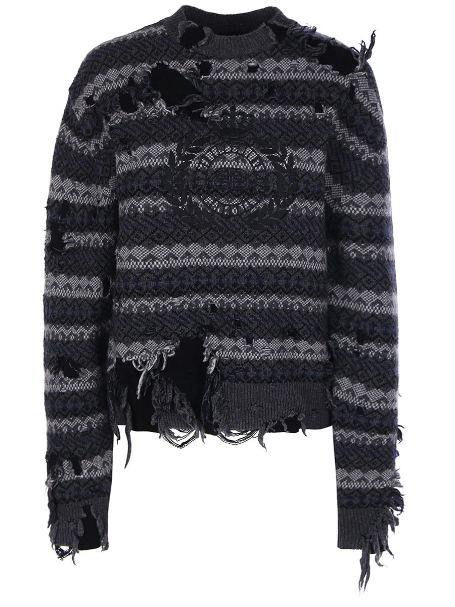 image of Balenciaga O1Mt1Gz0424 Destroyed Crewneck Sweater In Black, Women's (Size Medium)