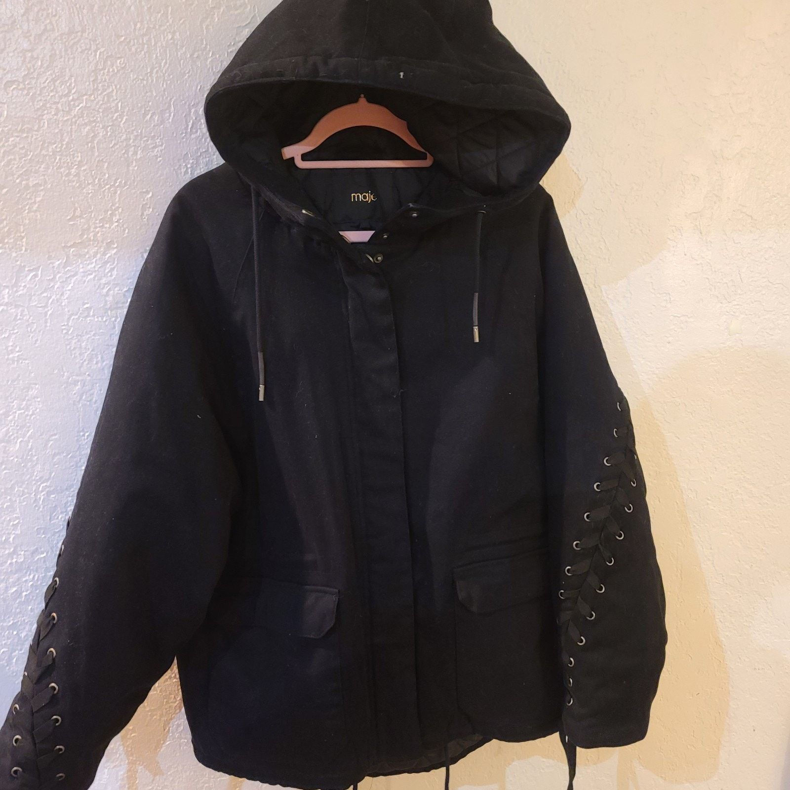 Maje Maje Parka Coat Jacket 40 Black Grillona Model Leather Trim Size S / US 4 / IT 40 - 2 Thumbnail
