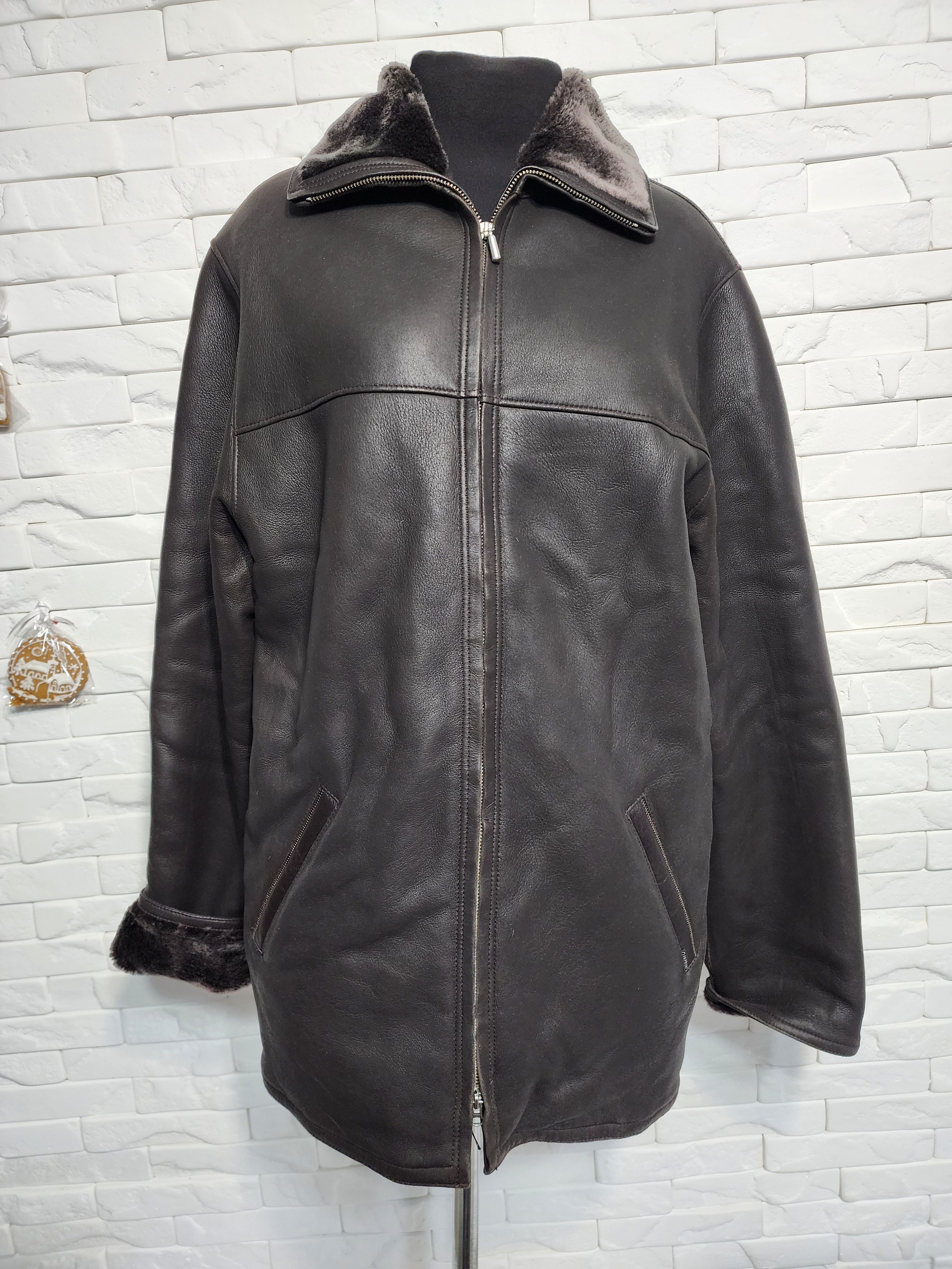 Furla Men's Brown Sheepskin Coat: White Fur, Metal Zipper Size US L / EU 52-54 / 3 - 1 Thumbnail