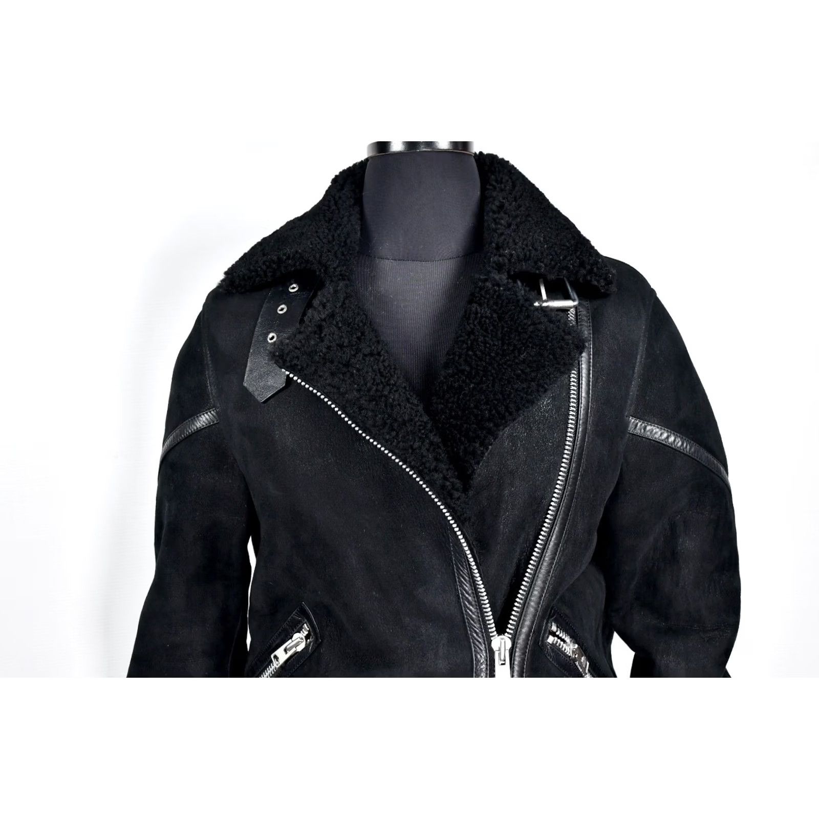 Allsaints AllSaints Hawley Oversized Shearling Jacket Womens S Black Biker Coat 100% Genuine Sheepskin Chest 50 cm Back Length 66 cm Size S / US 4 / IT 40 - 4 Thumbnail