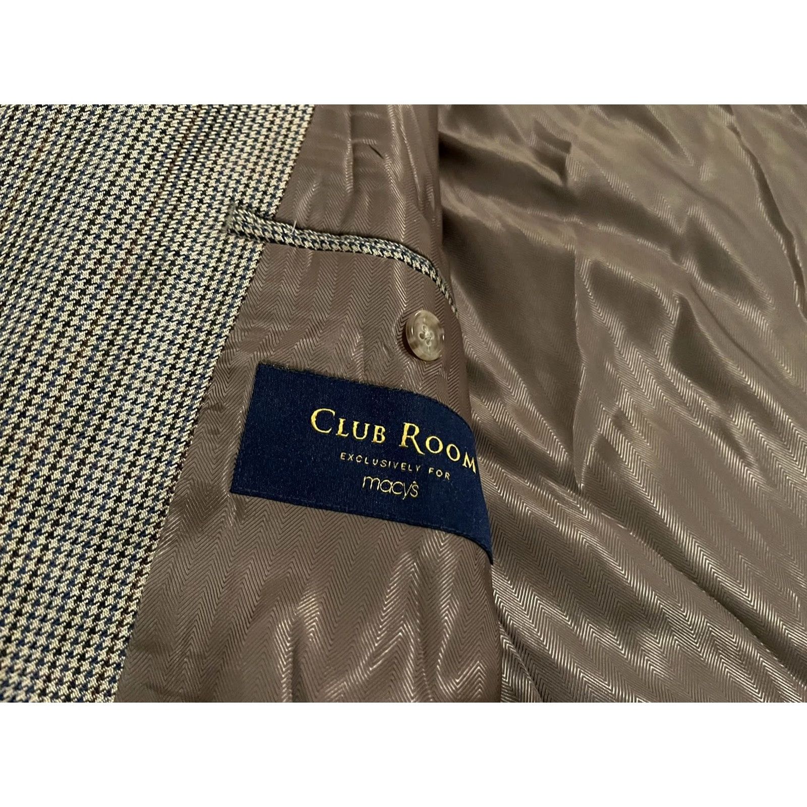 Club Room Club Room Blazer Jacket Sport Coat Silk Wool Cashmere Houndstooth Mens 48R Brown 2-Button Modern Fit Size 48R - 3 Thumbnail