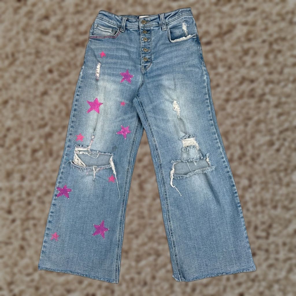 Vintage SO Jeans Juniors Blue Denim Wide Leg High Rise Jeans Women Cotton Blend Distressed 5-Pocket Design Medium Wash 9 Size 30" / US 8 / IT 44 - 1 Thumbnail