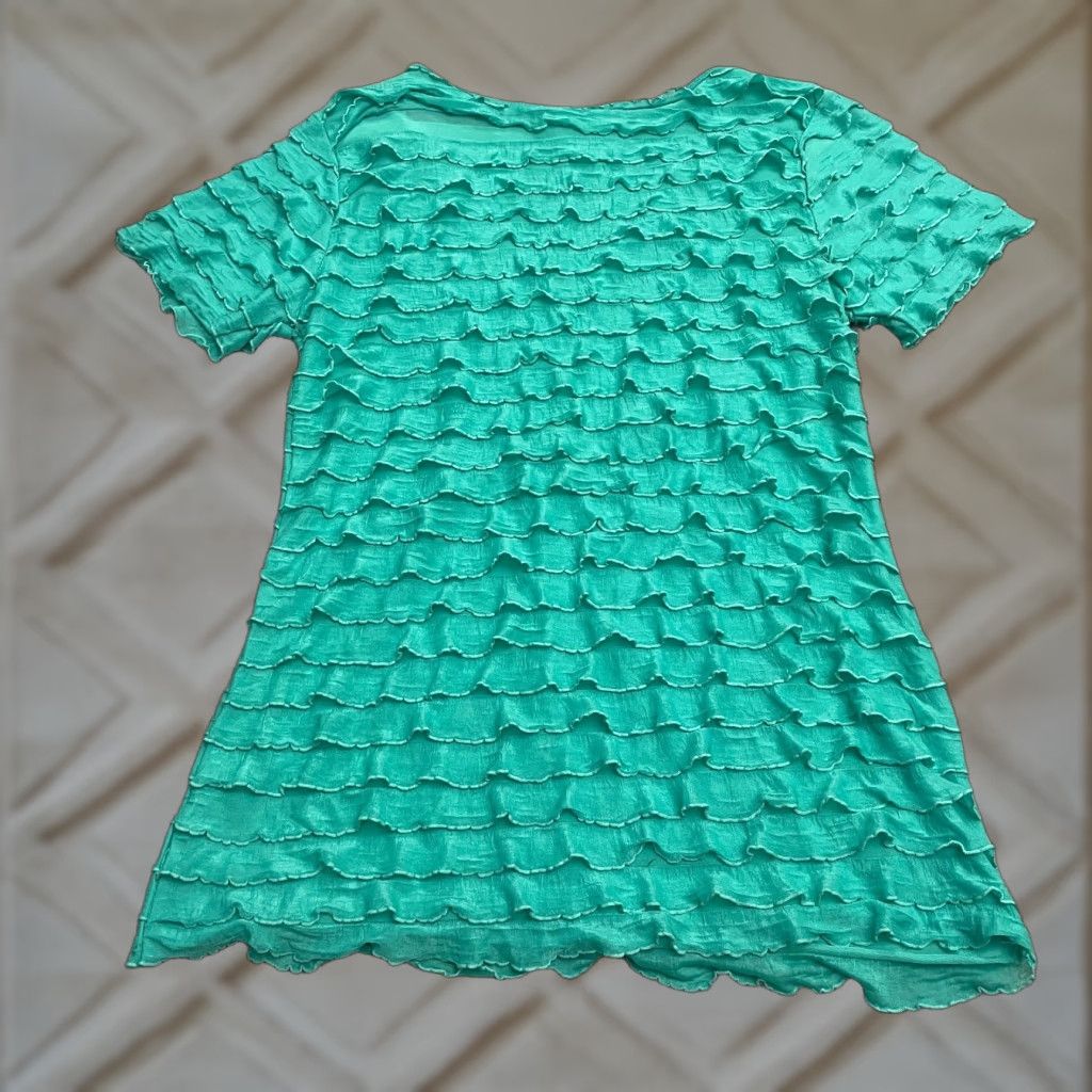 Vintage Jaclyn Smith Blouse Shirt Womens Small Green Short Sleeve V-Neck Ruffles Casual Top Knit Polyester Spandex Regular Solid Size S / US 4 / IT 40 - 1 Thumbnail