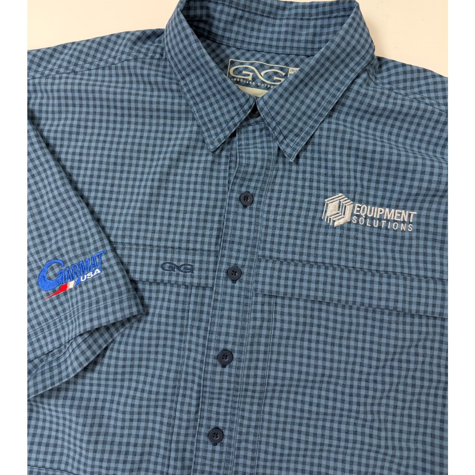 Vintage Game Guard Shirt Men 2XL Button-Up Short Sleeve Blue Polyester Microfiber Breathable Pockets Outdoor Casual Travel Size US XXL / EU 58 / 5 - 2 Thumbnail