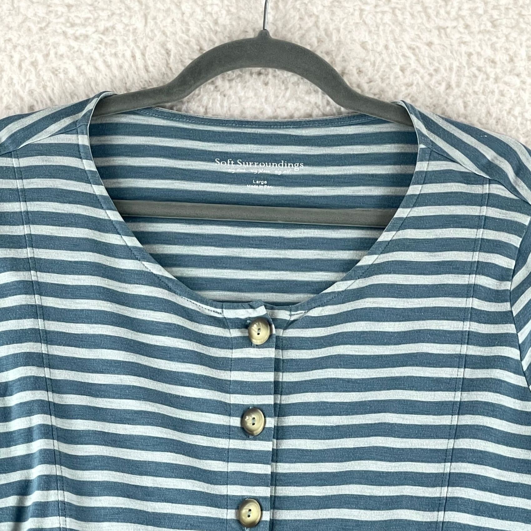 Soft Surroundings Soft Surroundings Preston Stripe Shirt Womens Large Green Roll Tab Sleeve Casual Size L / US 10 / IT 46 - 3 Thumbnail