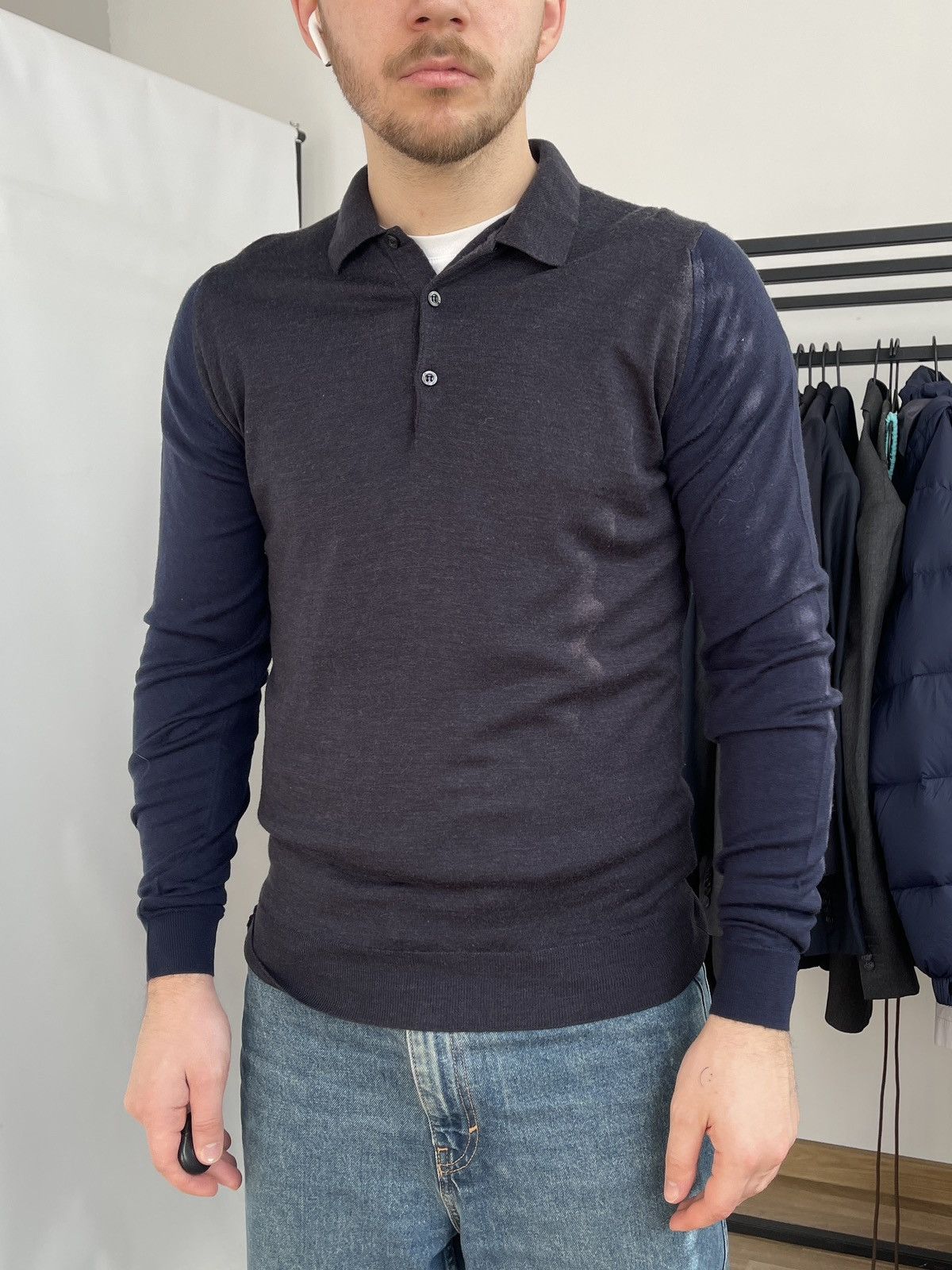 John Smedley John Smedley Grey/Navy Knit Wool Polo Shirt Size Medium Size US M / EU 48-50 / 2 - 2 Thumbnail