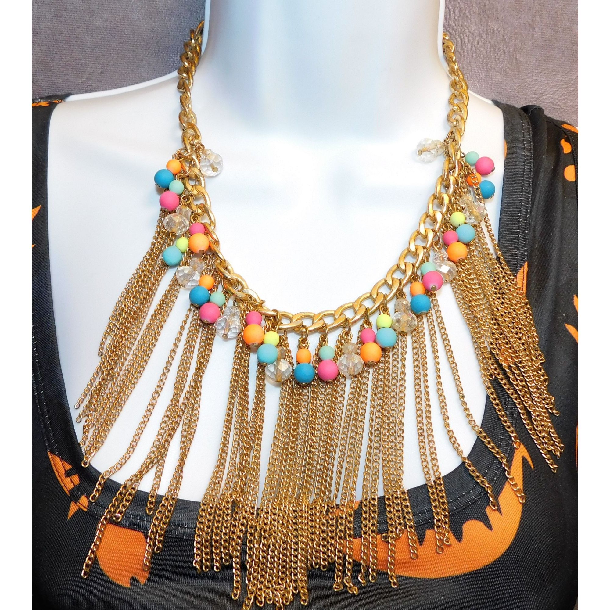 Other Neon 80s Beaded Gold Tone Chain Fringe Necklace Size ONE SIZE - 3 Thumbnail