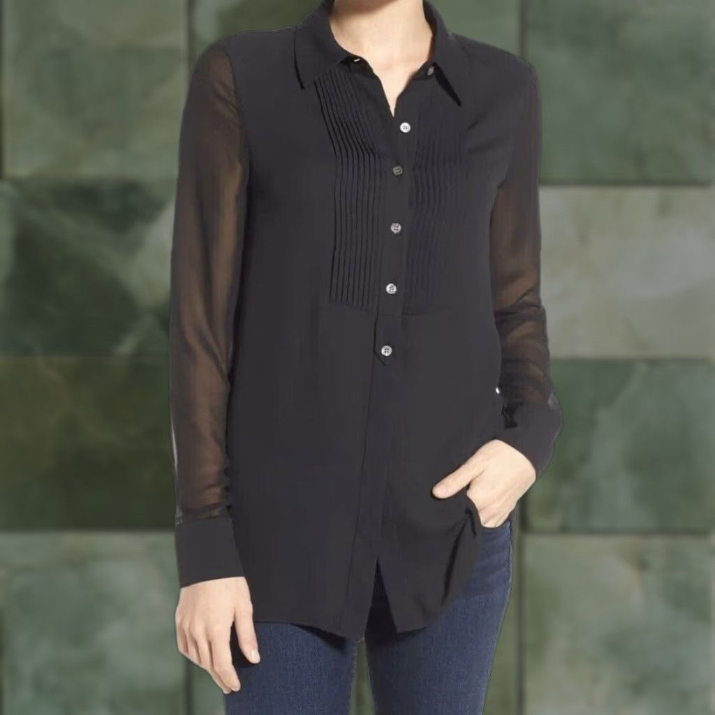 Vince Vince Tux Tuxedo Pleated Blouse Black Semi Sheer Top Designer Button Down 2 Blouse Women Long Sleeve Button-Down Collar Pattern Solid Tunic Sheer Size XS / US 0-2 / IT 36-38 - 1 Thumbnail