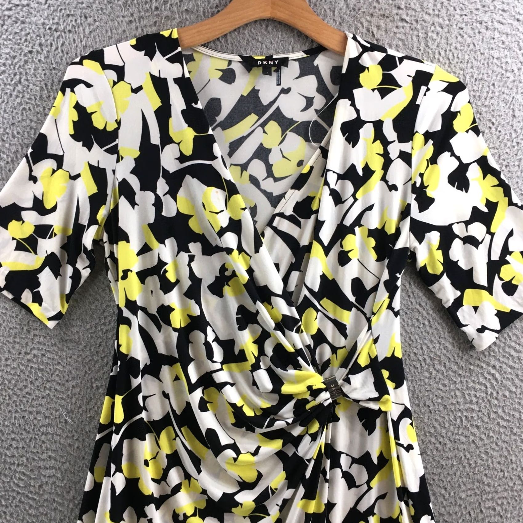 DKNY DKNY Dress Womens L Floral Yellow Black White Faux Wrap Ruched Elbow Sleeve Knee Length Casual Womens Size L / US 10 / IT 46 - 2 Thumbnail
