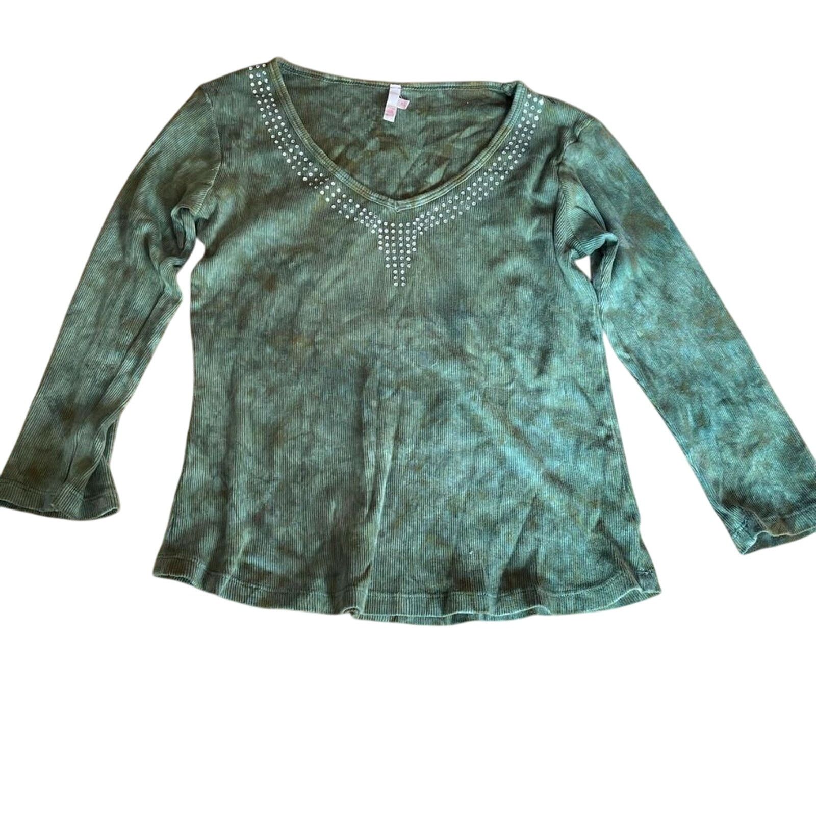 Other Y2K Women's Green Tie Dye Bedazzled 3/4 Sleeve Shirt sz XS Size XS / US 0-2 / IT 36-38 - 3 Thumbnail