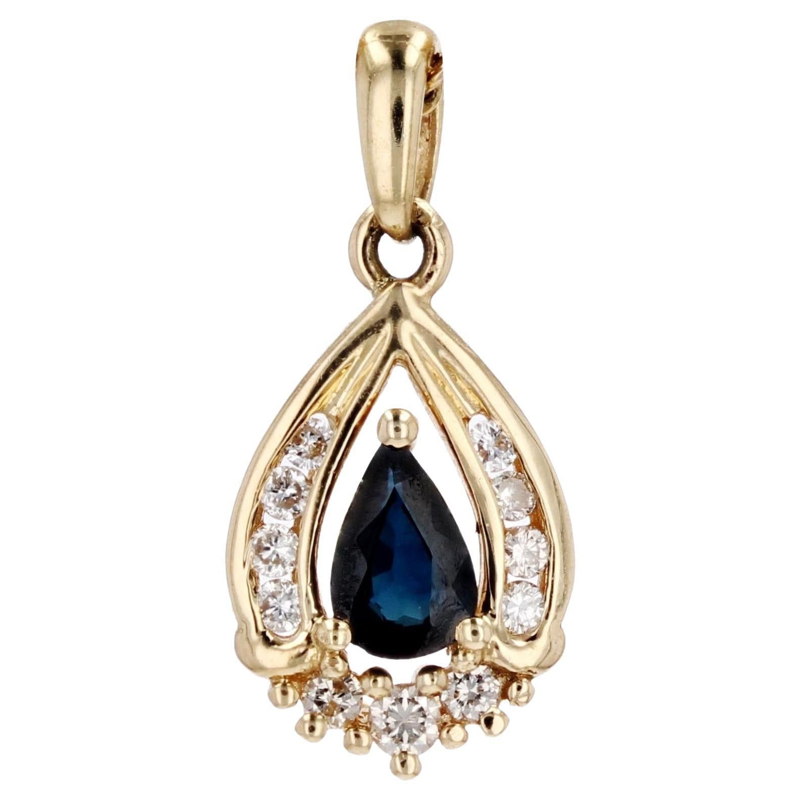 image of Vintage French Modern Sapphire Diamonds 18 Karat Yellow Gold Drop Pendant, Women's