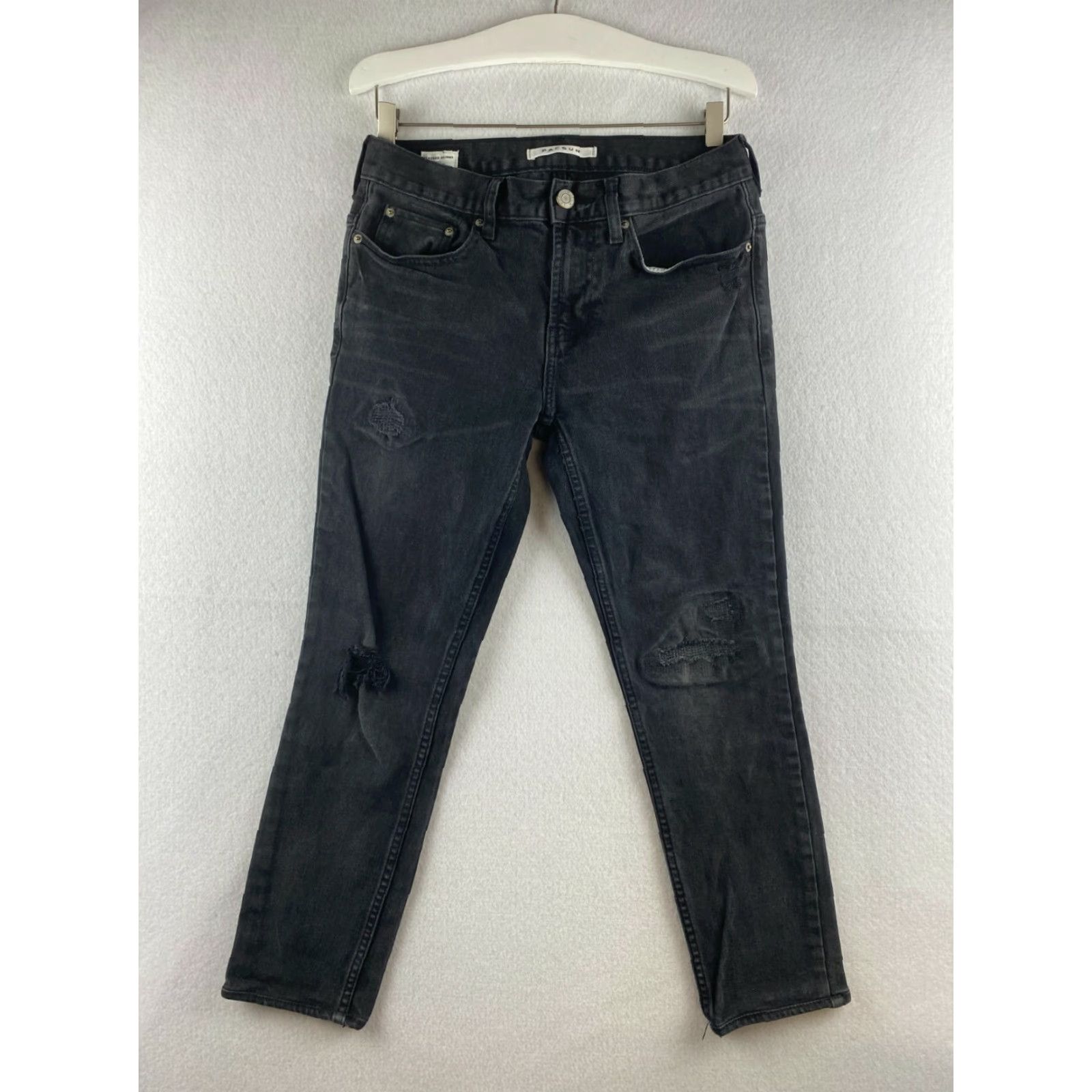Pacsun PacSun Jeans Mens 28 x 30 Black Tapered Stacked Skinny Stretch Distressed Rip Jeans Size US 28 / EU 44 - 2 Thumbnail