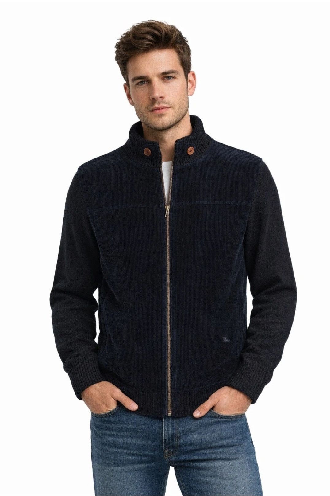 Burberry Sweater Jacket Merino Wool Corduroy Zip Nova Check Lined Size US XL / EU 56 / 4 - 2 Thumbnail
