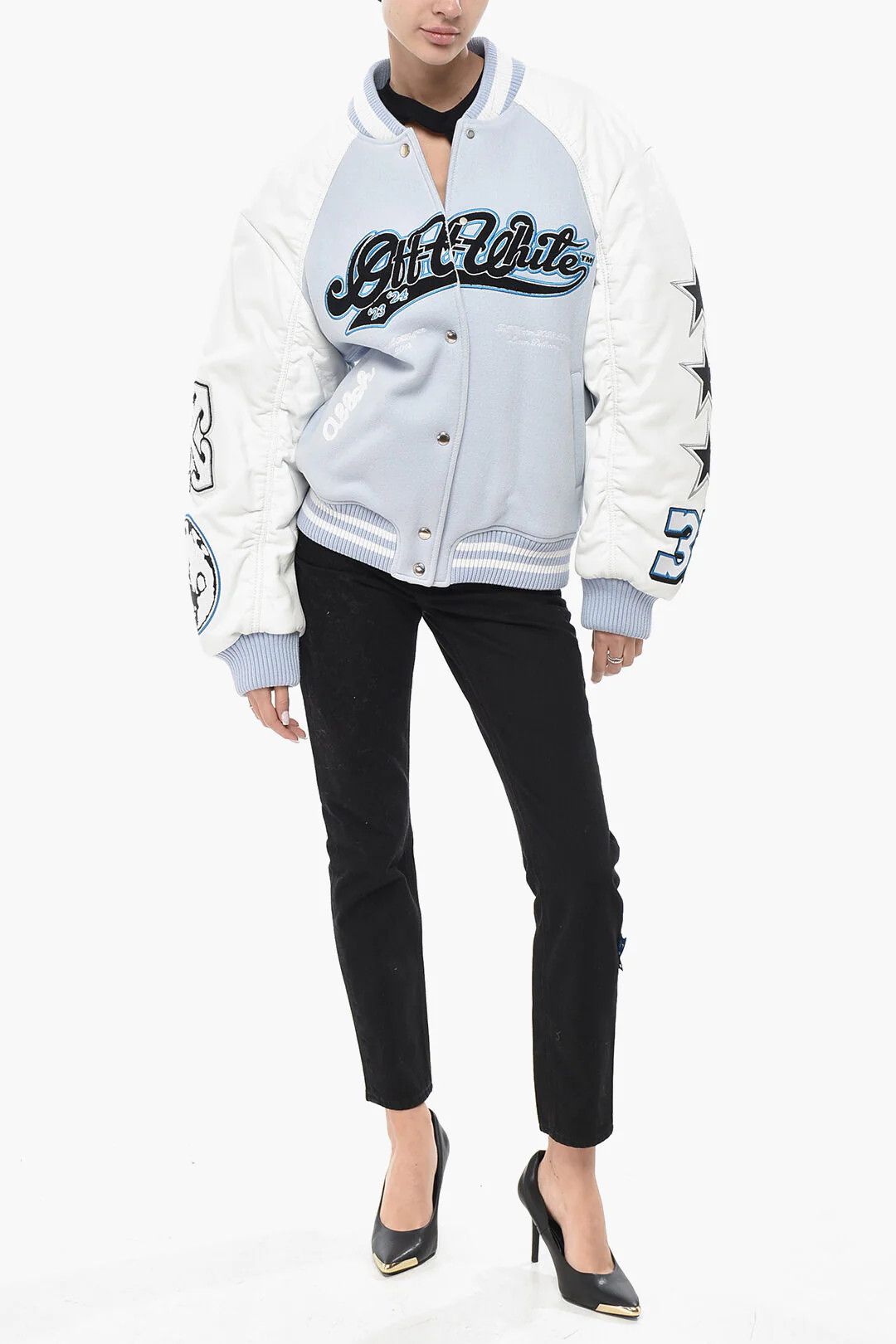 Off-White og1mm0426 Leather Sleeves Wool-Cloth Bomber Jacket Blue Size XS / US 0-2 / IT 36-38 - 4 Thumbnail