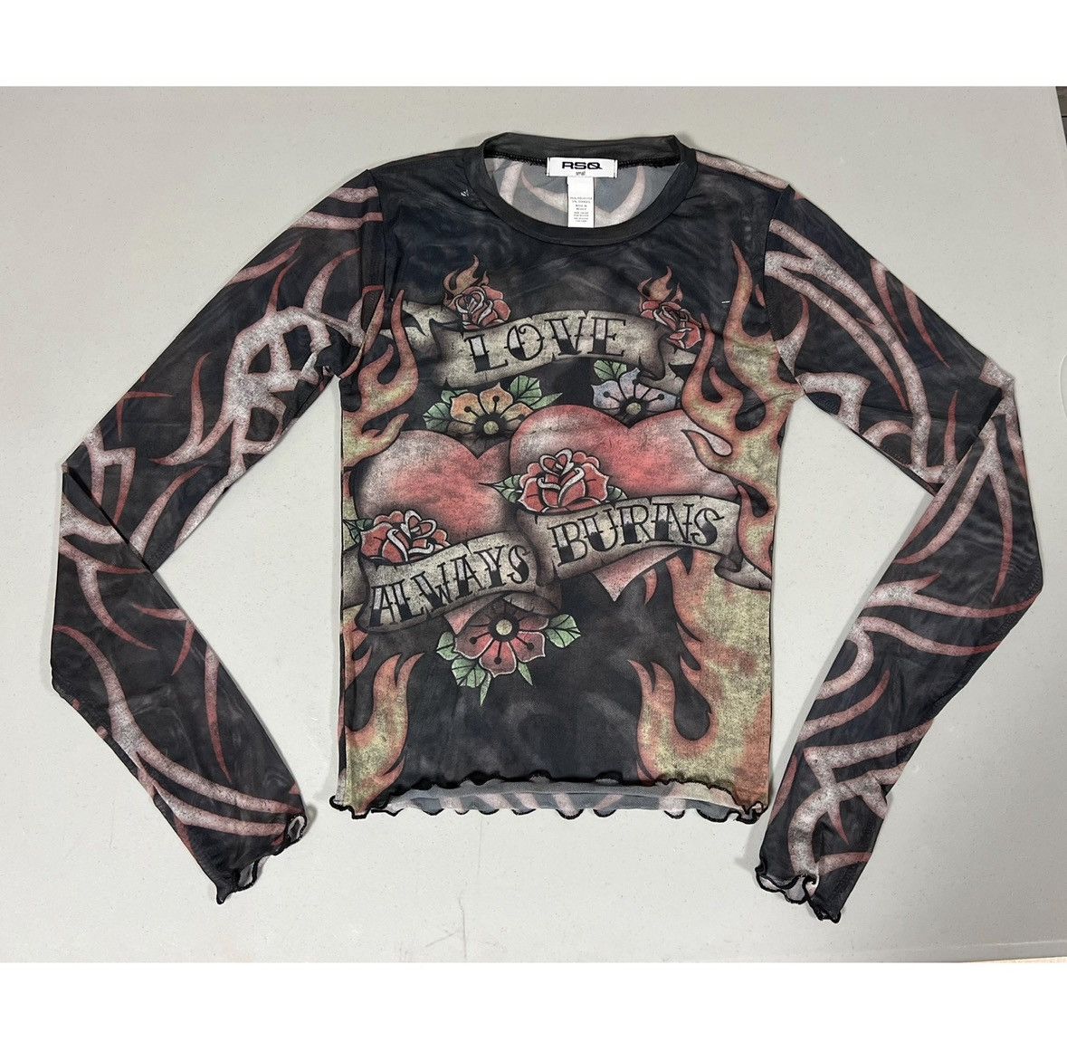 Rsq ‘Love Always Burns’ Y2K Heart Flames Shirt Top Tee Size S 🔥✨ Size S / US 4 / IT 40 - 1 Thumbnail