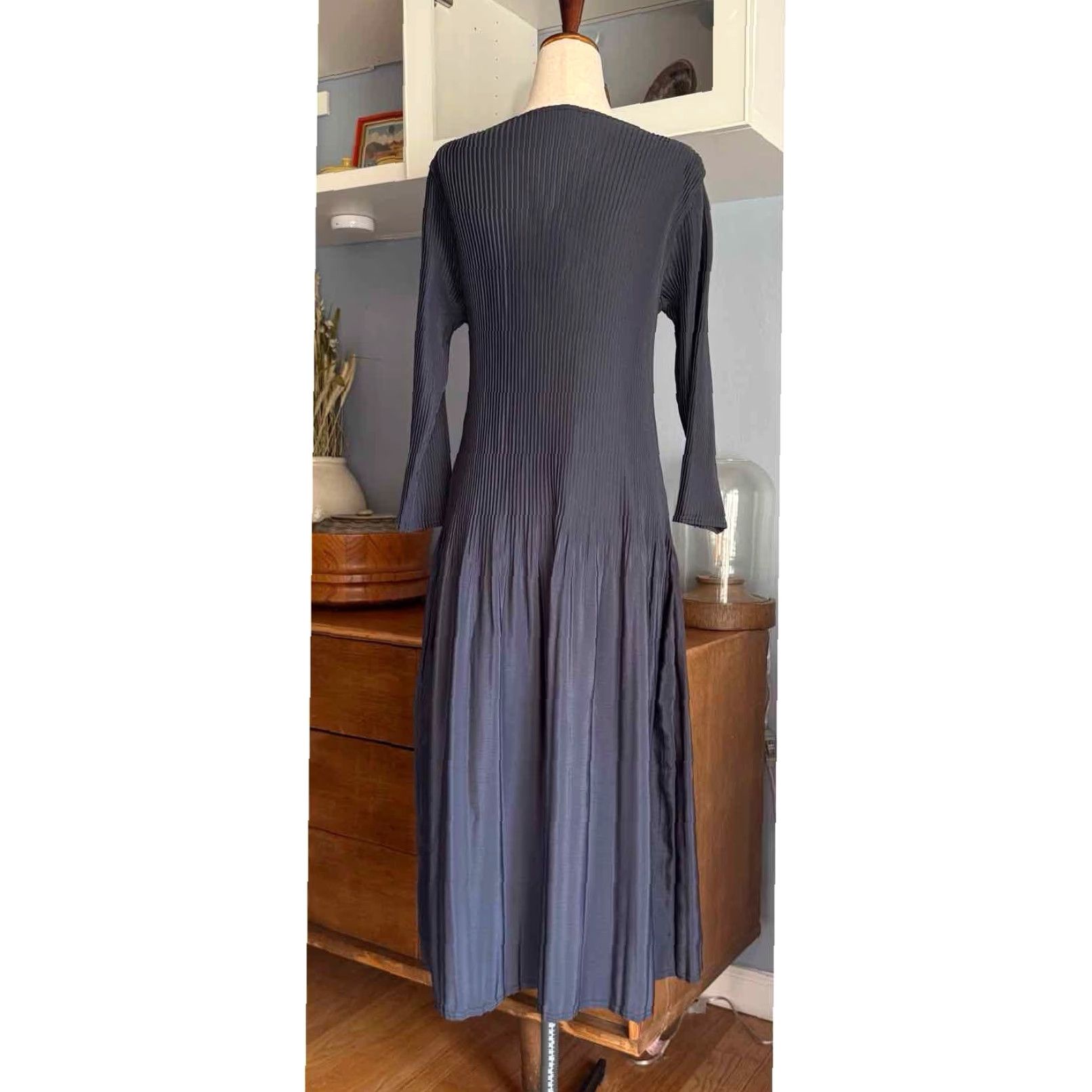 Vintage KI Meng Pleated Pleats Midi Maxi Dress Crinkle Gray/Blue Lagenlook Art O/S Lagenlook Art Size ONE SIZE - 3 Thumbnail
