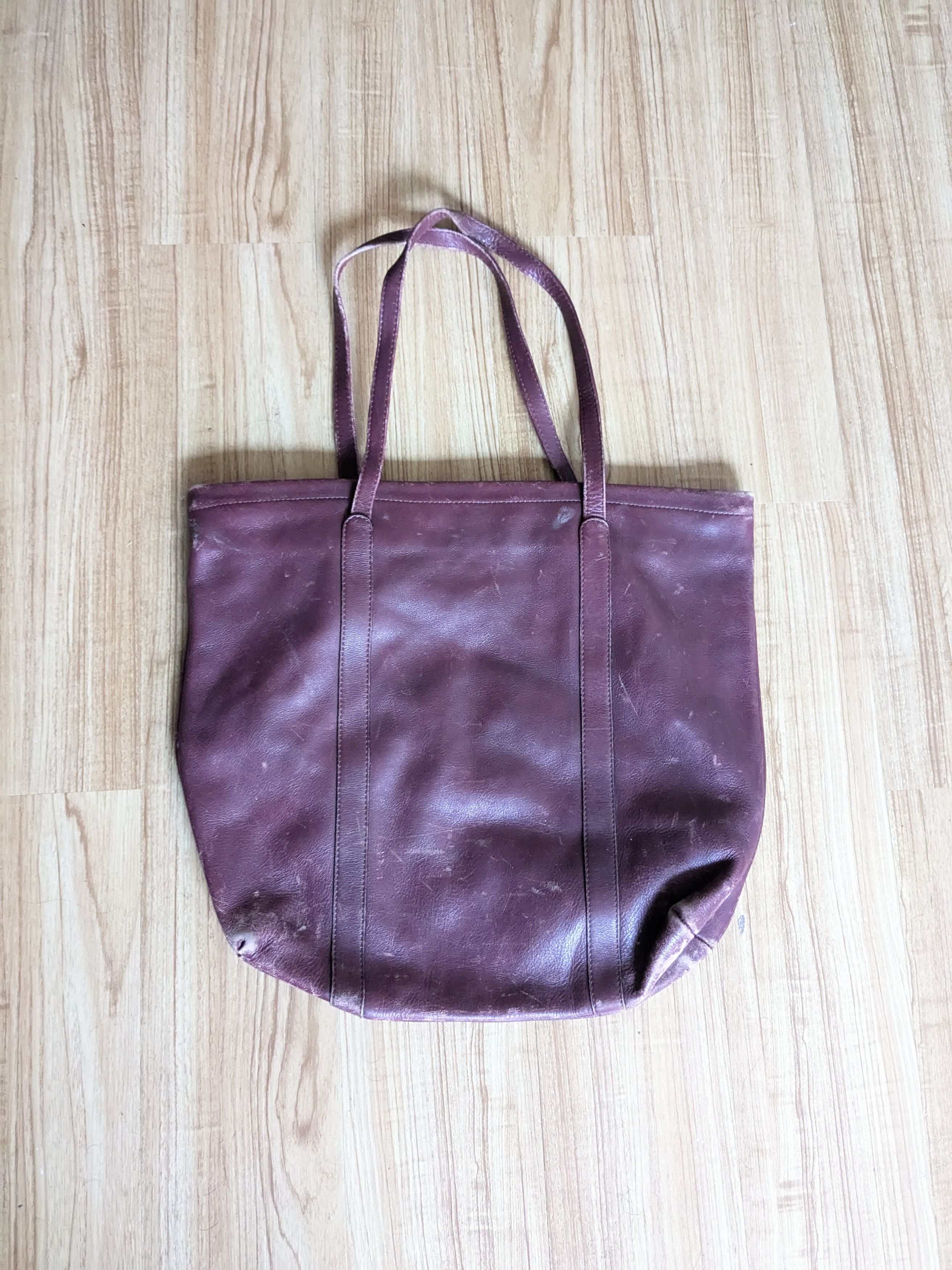 Genuine Leather Vintage Leather Tote Bag Burgundy Zipper Strap Pockets Size ONE SIZE - 8 Thumbnail