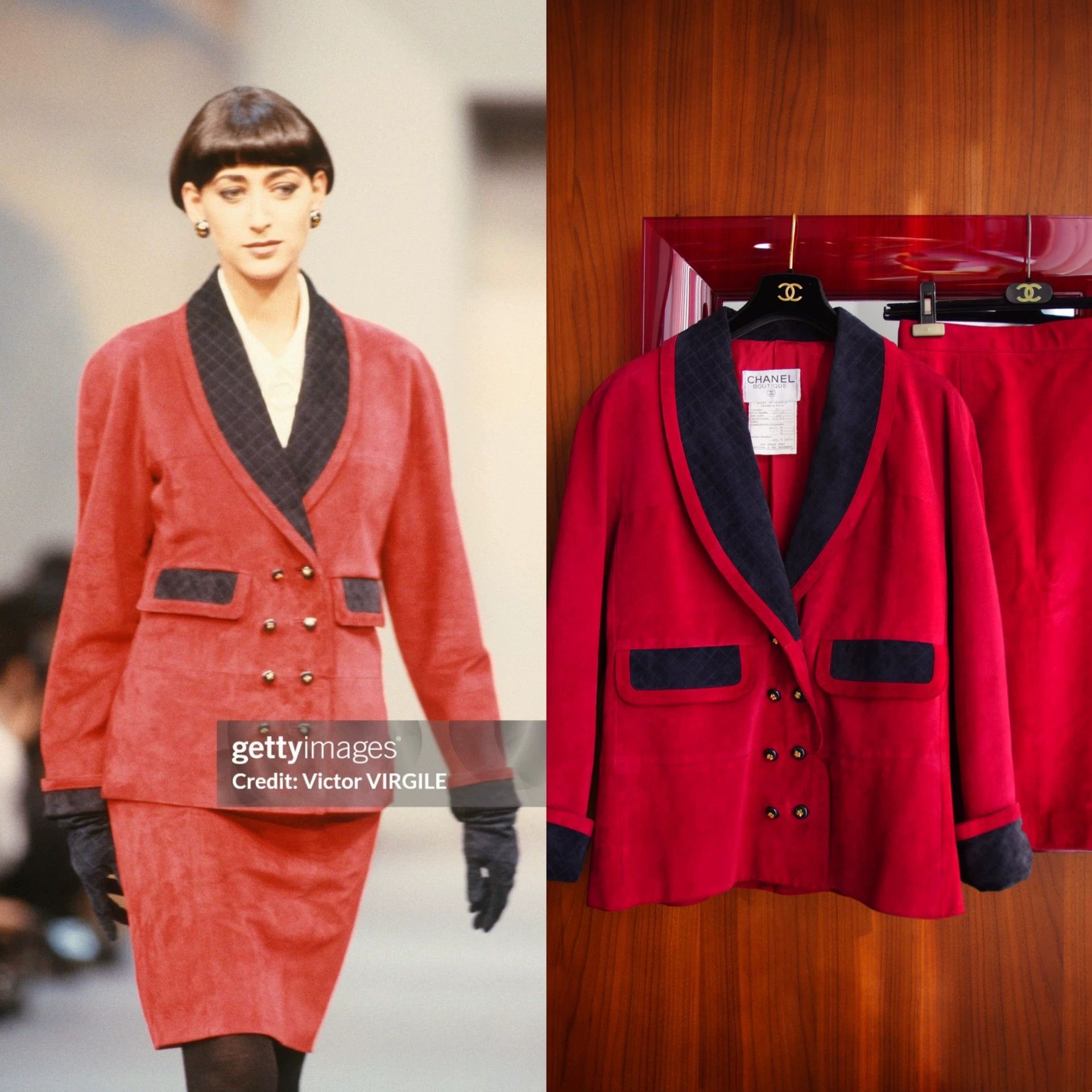 Chanel Chanel 1990 FW Runway 2-Piece Suit Crimson Navy Suede Fr40 Size L / US 10 / IT 46 - 2 Thumbnail
