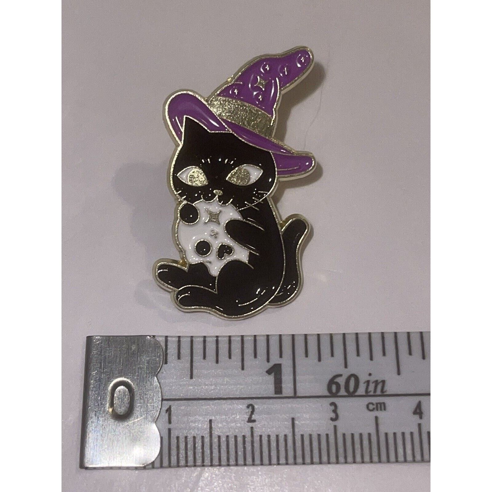 Other Purple Witch Hat On Black Cat Mystical Skull Pin Brooch Size ONE SIZE - 1 Preview