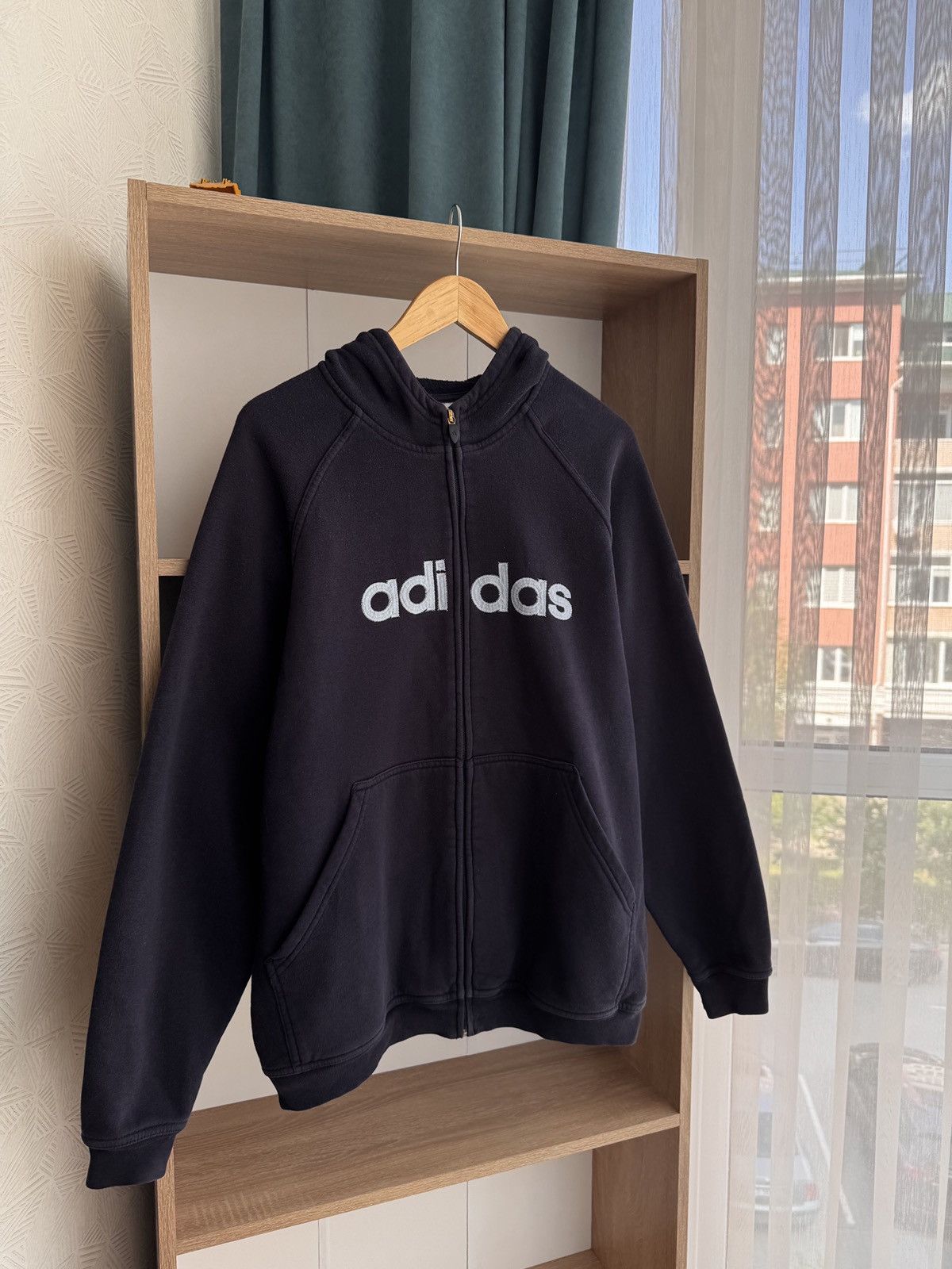 Adidas × Vintage Vintage Adidas Big Logo Navy Zip Hoodie Size US L / EU 52-54 / 3 - 7 Thumbnail