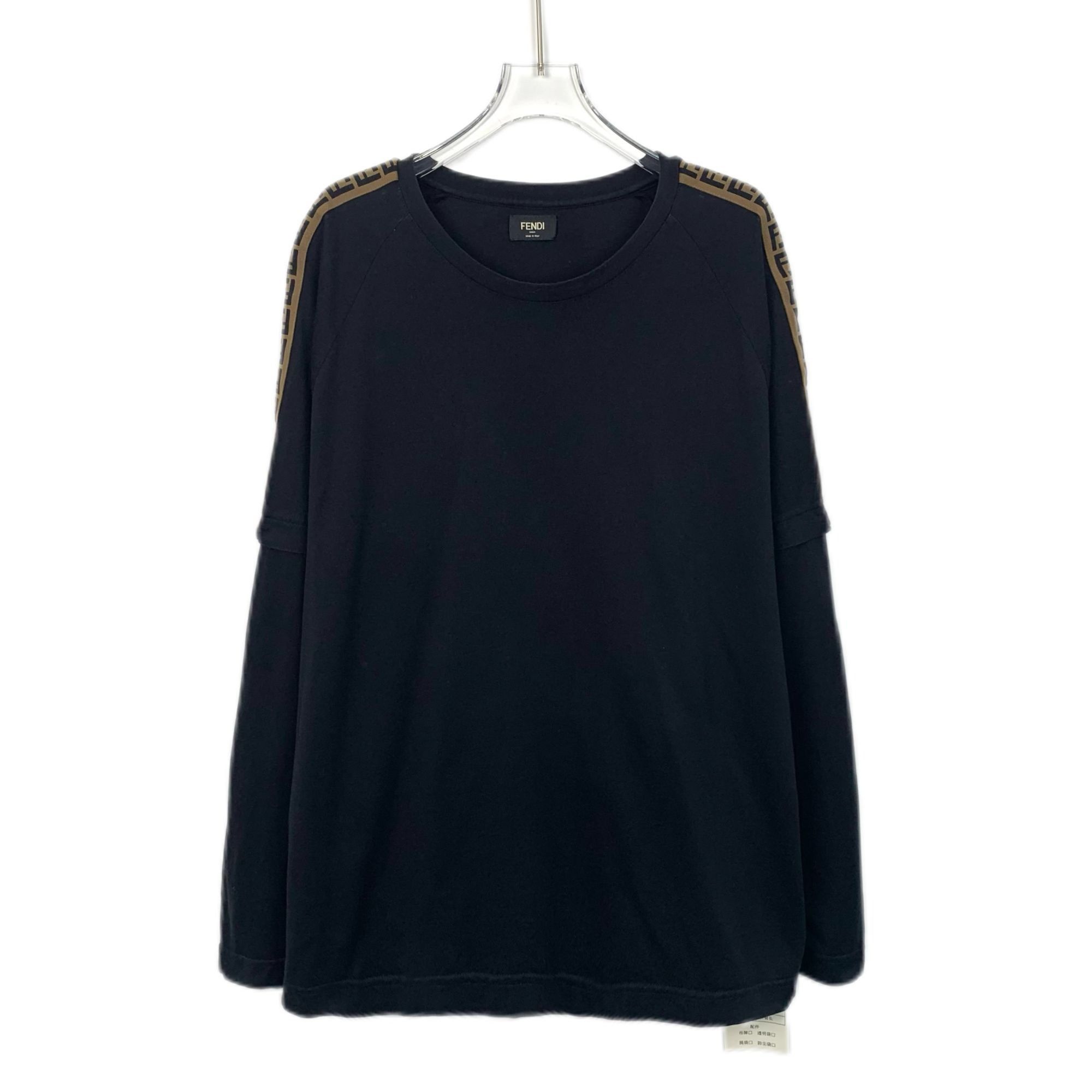 Fendi Black Long Sleeve Cotton T-Shirt With Brown Logo Tape