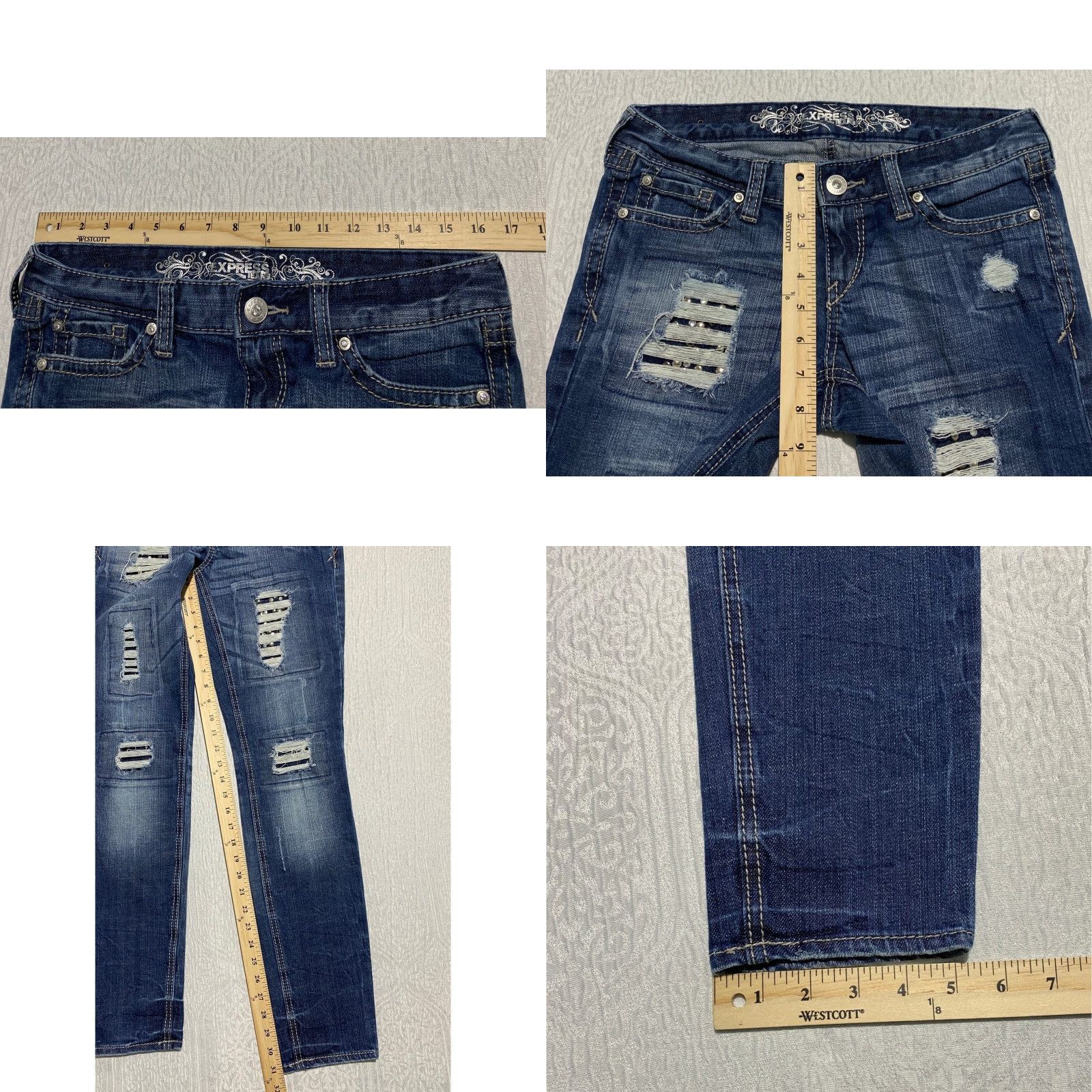 Express Express Jeans Womens 6 Blue Zelda Ultra Skinny Distressed Ripped Rhinestone Size 28" / US 6 / IT 42 - 8 Thumbnail