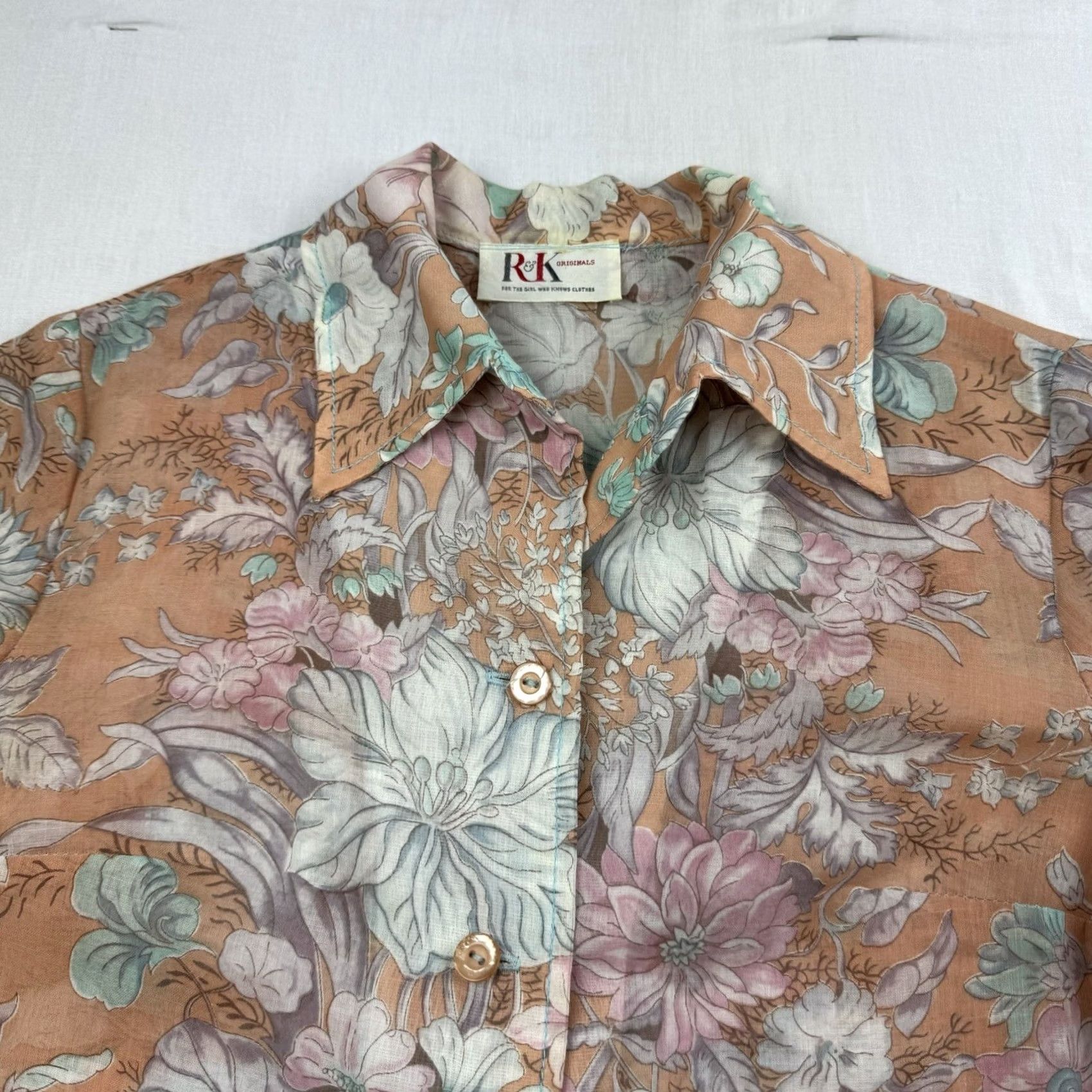 Vintage VINTAGE Floral Button Up Shirt Womens M Orange Sheer Collar Thin Light 80s R&K Originals Button-Up Bohemian Flower Mens? Size M / US 6-8 / IT 42-44 - 2 Thumbnail