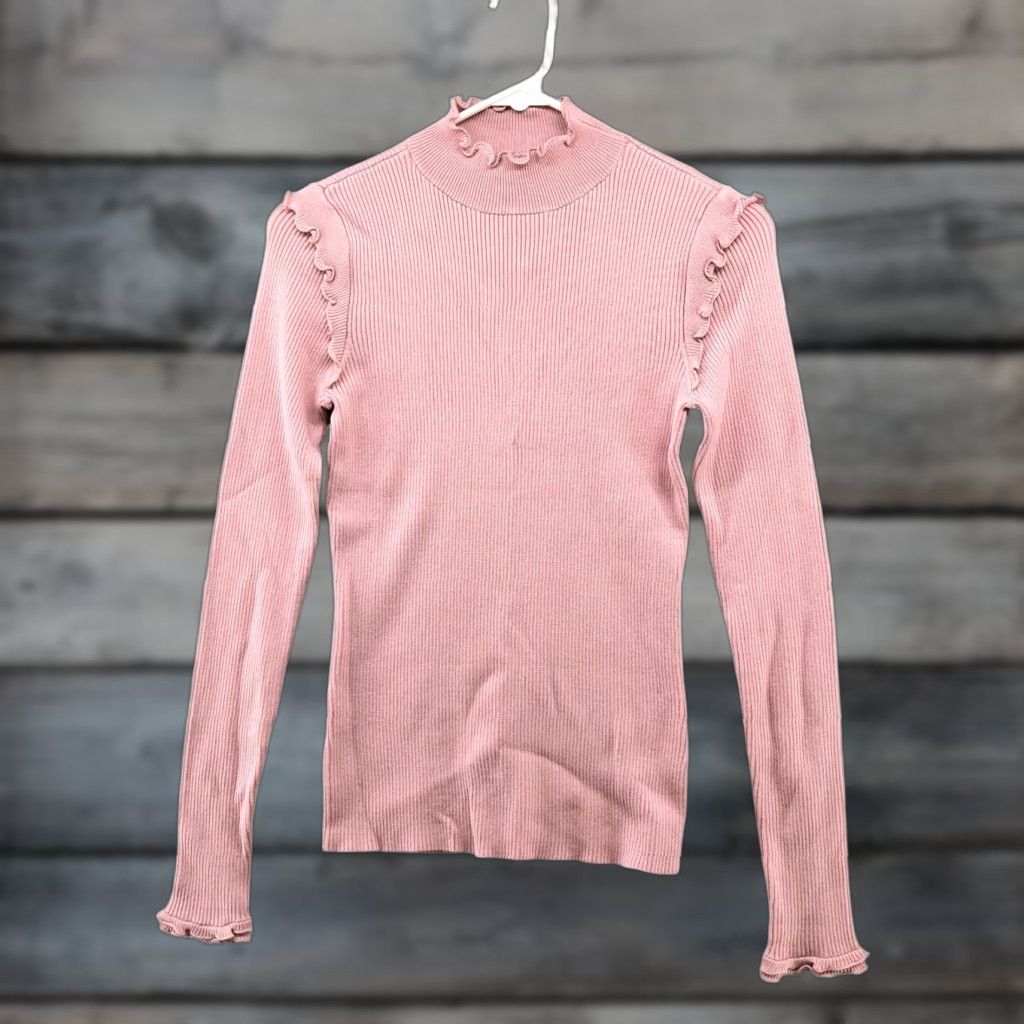 Vintage Hooked Up by IOT Sweater Womens M Pink Mock Neck Ribbed Fitted Ruffle Pullover Knit Stretch NWT Solid Size M / US 6-8 / IT 42-44 - 1 Thumbnail