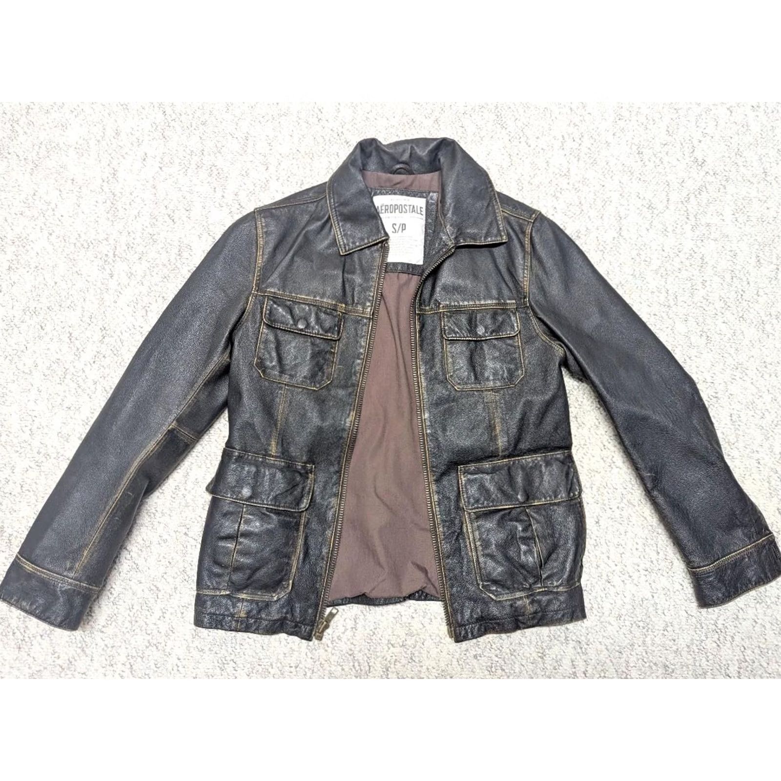 Aeropostale VINTAGE Aeropostale jacket Leather Jacket Mens S 36 brown six pocket front patina 1990s MAD MAX motorcycle coat Y2K vintage flight jacket Size US S / EU 44-46 / 1 - 4 Thumbnail