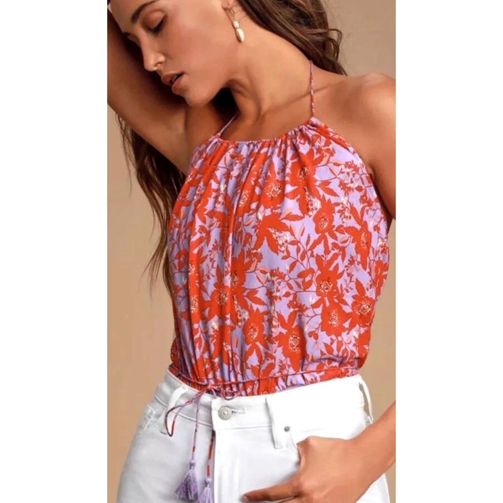 Free People Free People Women’s Liza Halter Bodysuit Wisteria Floral Tassel Top Small XS? Size S / US 4 / IT 40 - 2 Thumbnail