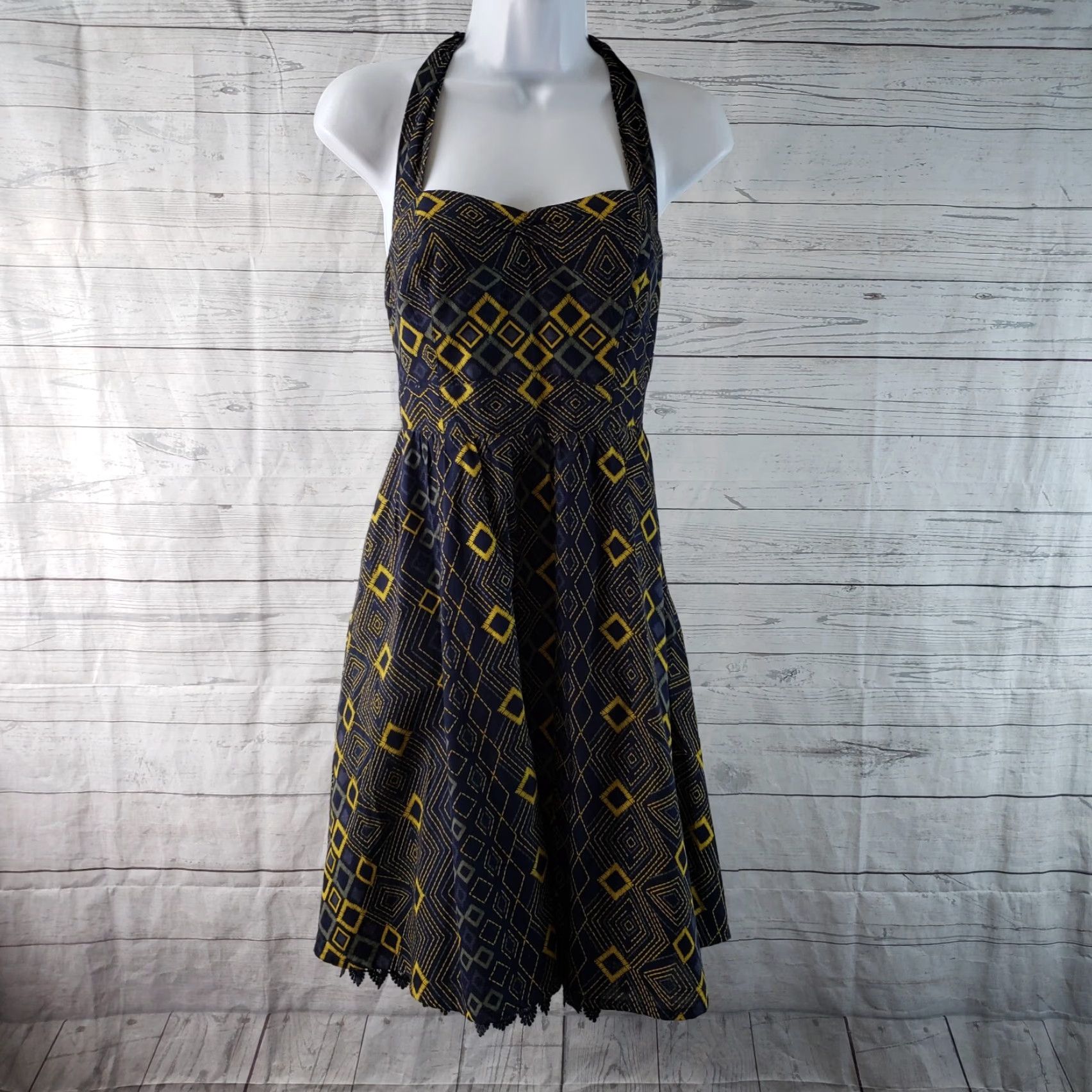 Vintage Edme & Esyllte Womens Rythmic Repetition Halter Dress Sz 0 Blue Yellow Cotton Size XS / US 0-2 / IT 36-38 - 2 Thumbnail