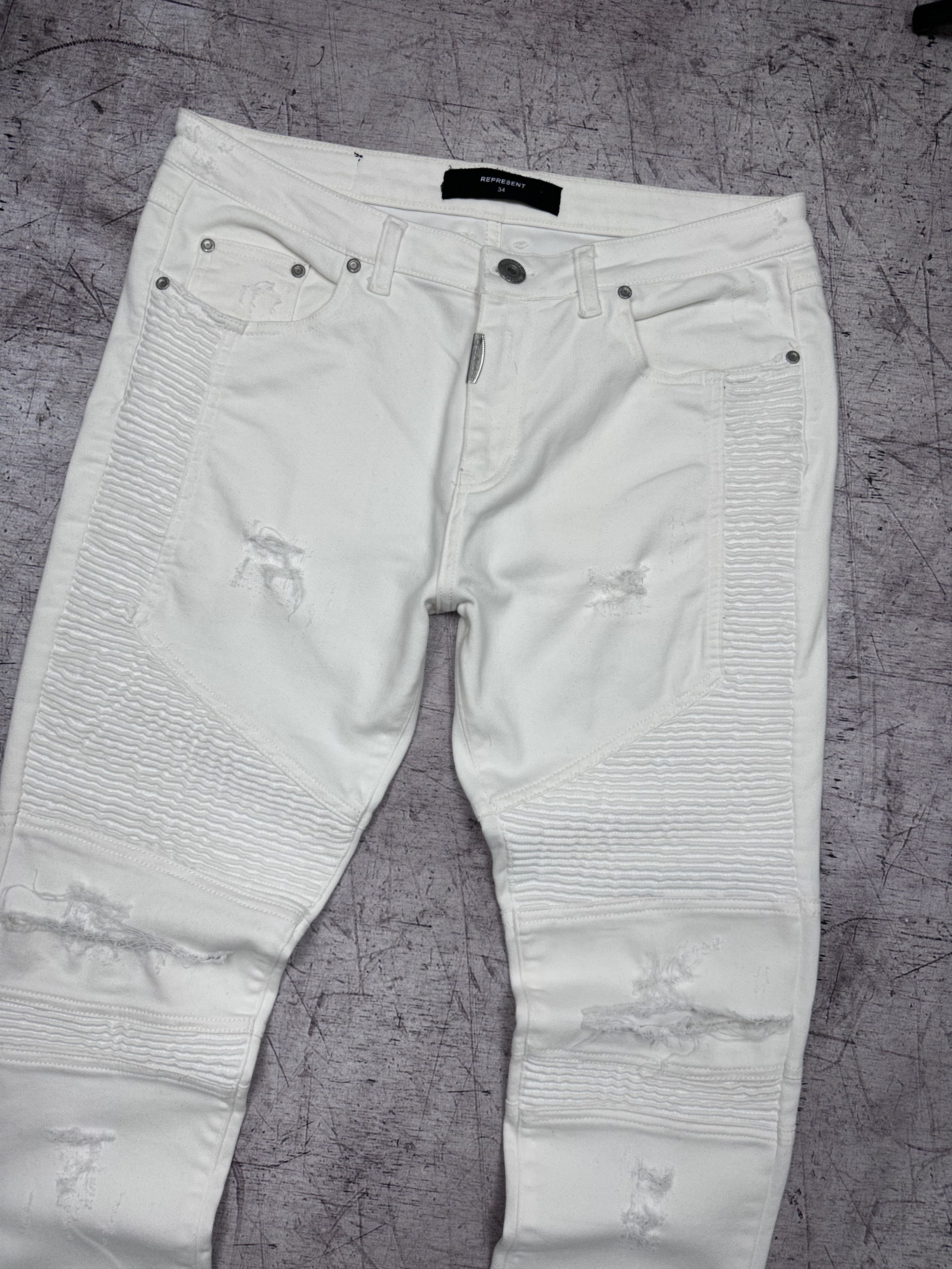 Represent Clo. Represent Mens Biker Jeans Destroy White Denim Pants Size US 34 / EU 50 - 2 Thumbnail